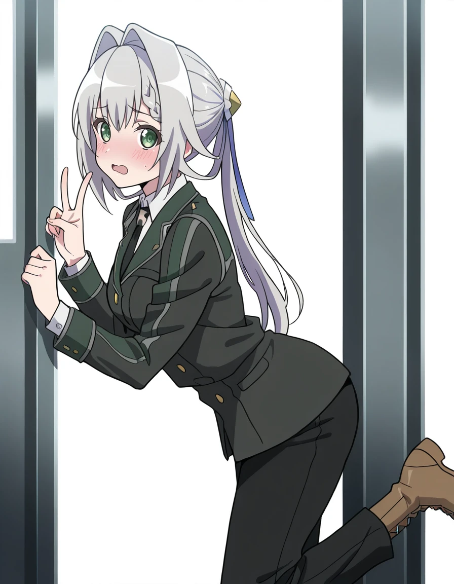 masterpiece, best_quality, absurdres,  <lora:hundred_-_emile_crossfode_il:1> emile_crossfode, grey_hair, long_hair, ponytail, hair_ribbon, hair_intakes, green_eyes, school_uniform, jacket, collared_shirt, long_sleeves, black_necktie, black_pants, boots, by_jyuunen-kun, red_bow, bowtie, school_uniform, breasts, yellow_bowtie, red_bowtie, from_side, open_mouth, solo, looking_at_viewer, large_breasts, yellow_bow, braided_bangs, bow, v, braid, blush, 1girl, summer_uniform, simple_background, white_background