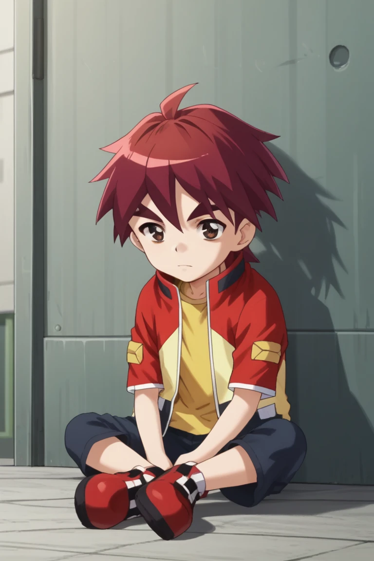 score_9, score_8_up, score_7_up, score_6_up, score_5_up,score_4_up,source_anime
 jason, red hair, brown eyes, red jacket, yellow shirt, 1boy, male focus, solo, sitting, shorts, indian style, black shorts, red shoes