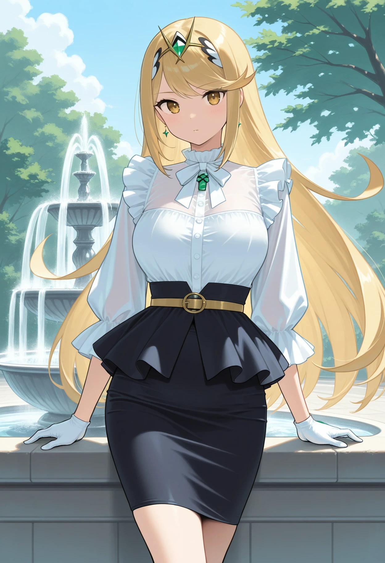 Mythra, posing  <lora:Outfit_soph-VintagePeplumSuitdress-ILXL:0.8>  dr3ss, ((wide voluminous peplum)) skirt, blouse, frills, gloves, pencil skirt, belt, outdoors, fountain masterpiece, best quality, very aesthetic