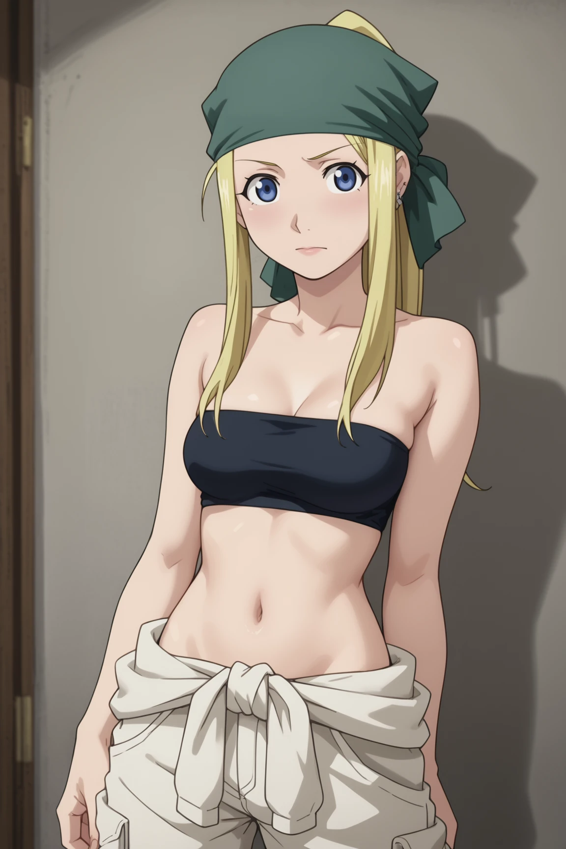 score_9, score_8_up, score_7_up, source anime, prefect lighting, very aesthetic, BREAK, anime coloring, anime screencap,
âââ <lora:winry_rockbell_v1-pdv6:1>, 1girl, winry rockbell, fullmetal alchemist, blue eyes, blonde hair, ponytail, 
winwork, black tube top, bandana, jumpsuit around waist, midriff,
BREAK, looking at viewer, 
BREAK, leaning back, relaxed