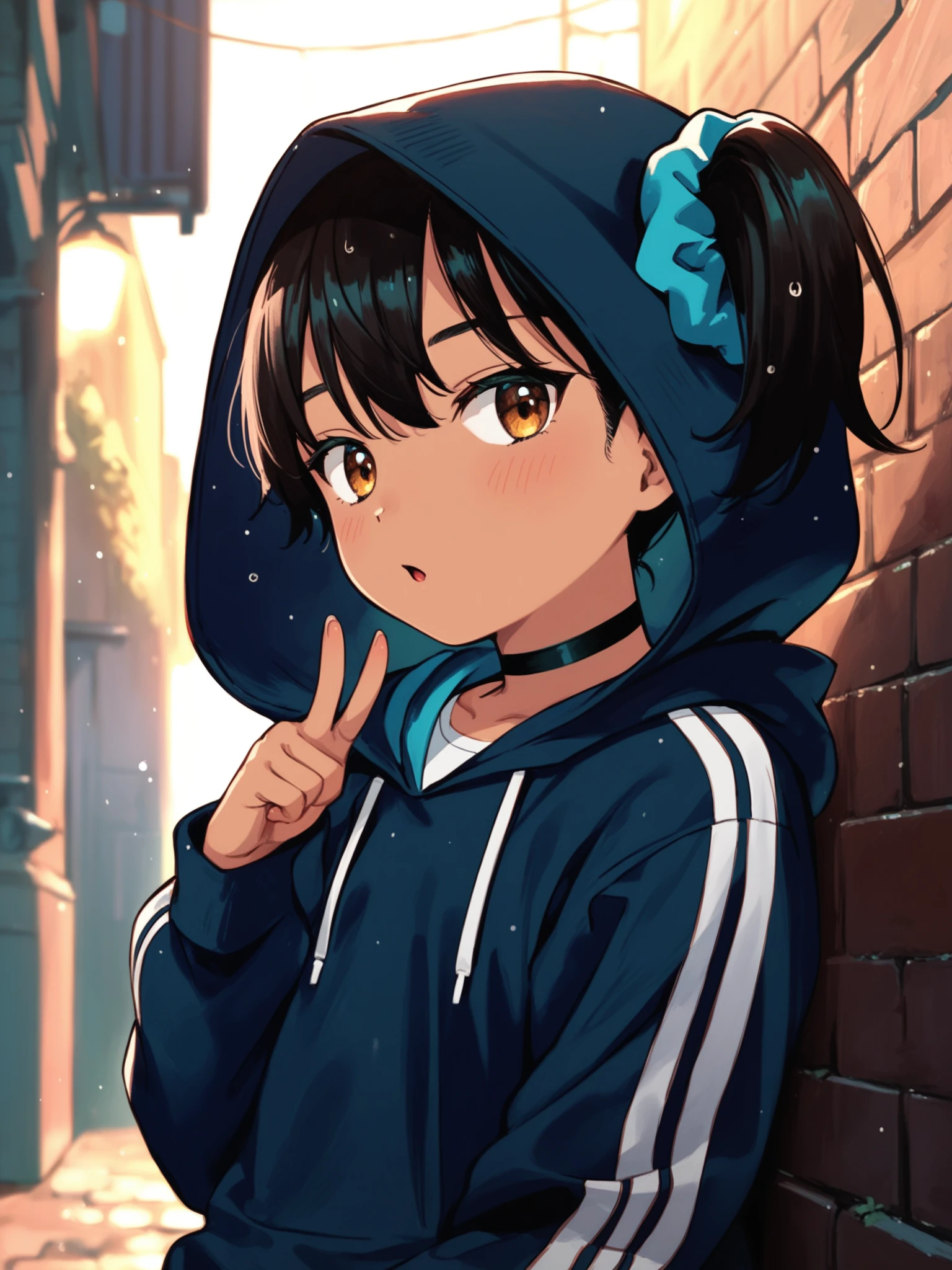 <lora:happy_tentacle-annoakane-v0.1-000010:1>, ht_annoakane, hair scrunchie, choker, tanlines, (black hair, brown eyes:0.7) , blush, outdoors, hoodie, hood up, night sky, alley, brick wall, rain cowboy shot, (petite:1.2), 1girl, solo focus, (looking at viewer:1.1), backlighting, (depth of field:0.8), , <lora:Shed_The_Skin's StS_age_slider_v1_initial_release:-1.2>, score_9, score_8_up, score_7_up, score_6_up, score_5_up, score_4_up, rating_safe