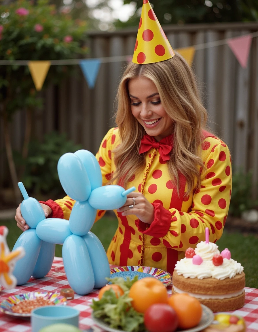 carmen-electra is dressed as a clown at a birthday party in someone's backyard and she is making a balloon dog  <lora:carmen-electra-64:1.3>