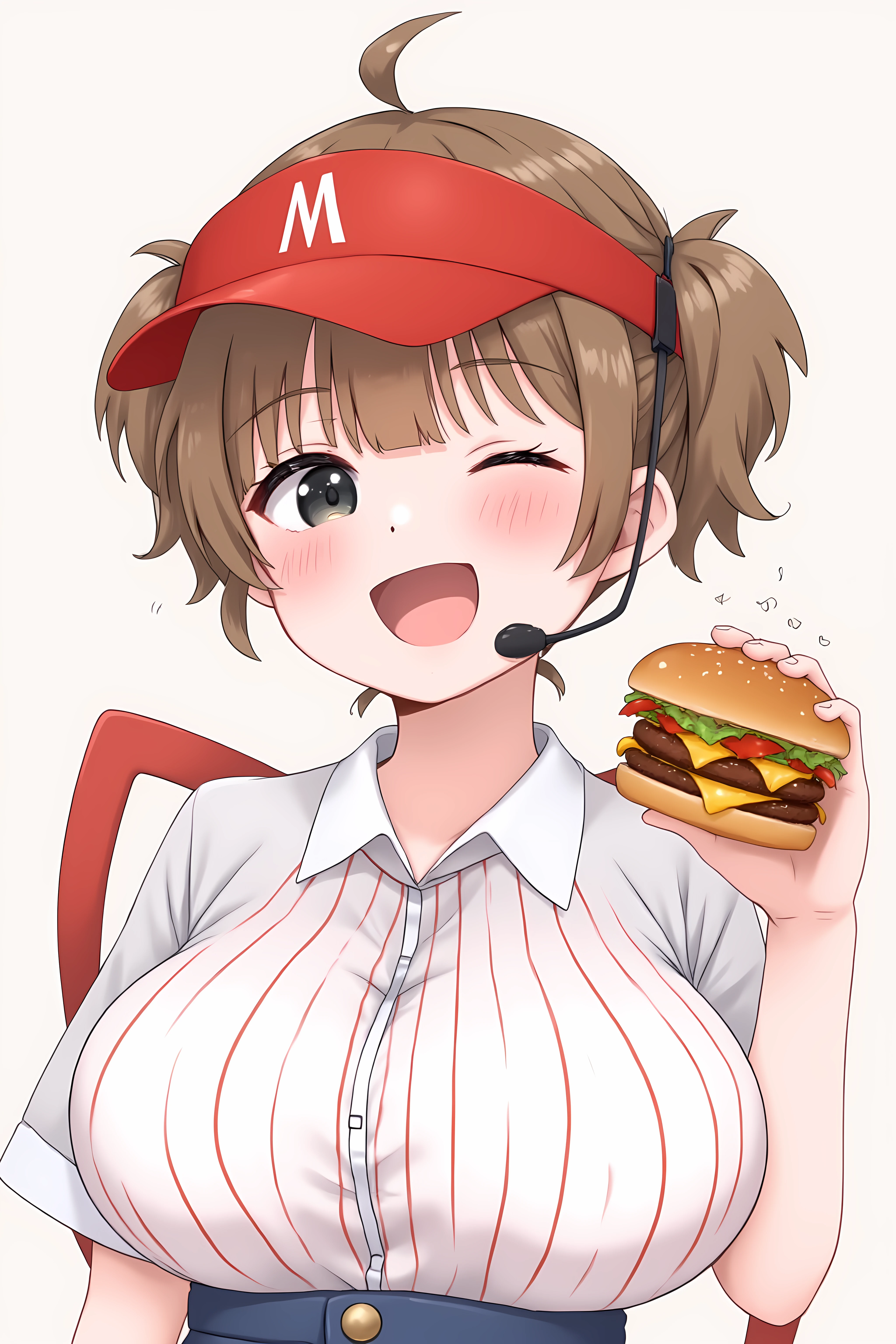 tabemi,vitamins, a girl wearing a cap and holding a hamburger in her hand. She has a cheerful expression on her face, and her hair is tied up in a ponytail. She is wearing a white shirt and blue jeans, and the hamburger is a golden-brown color.