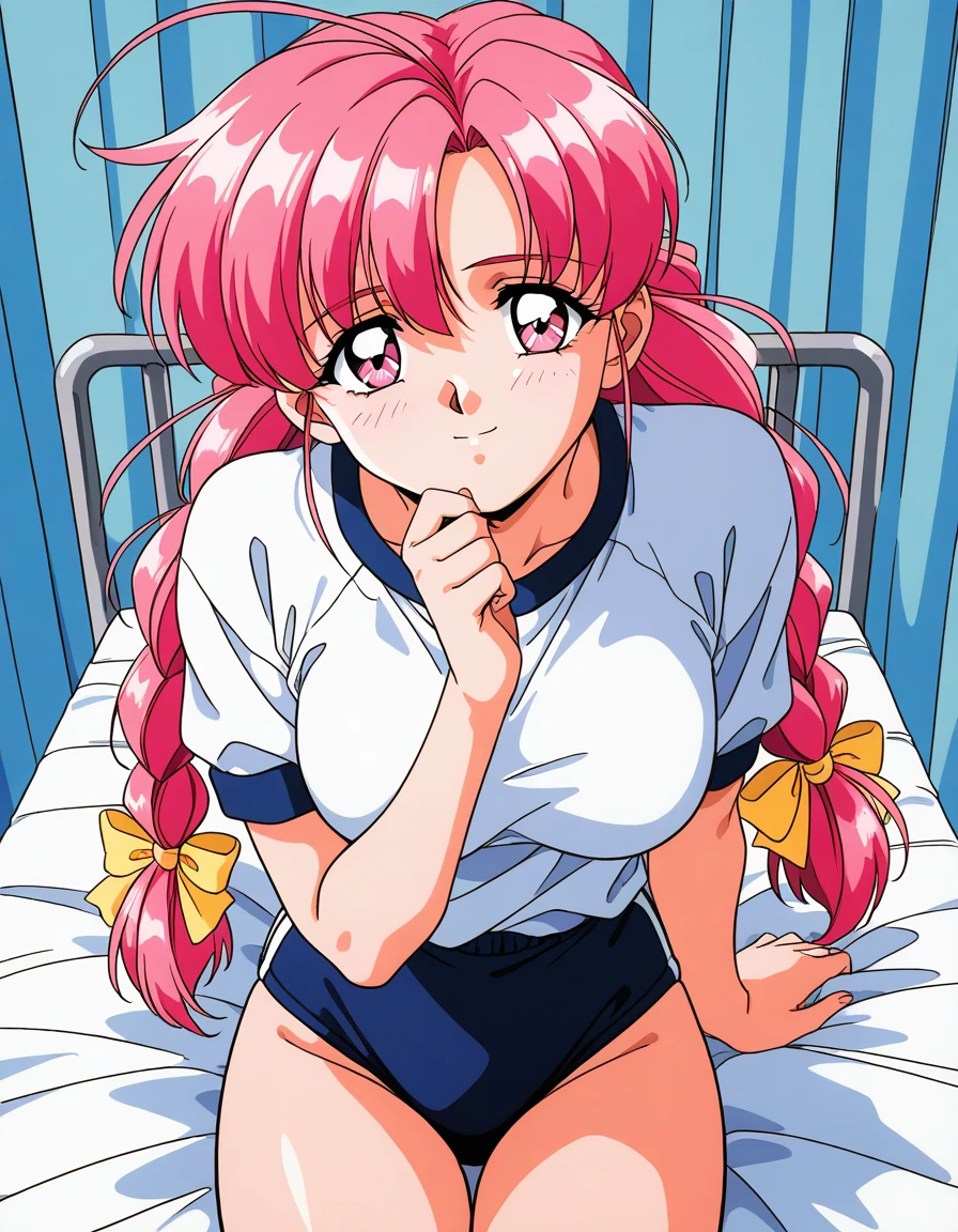 general,highres, ultra-detailed,very aesthetic,best quality ,best hands,  BREAK,  <lora:Makino_Rie_OVA_IS:1>, Makino_Rie_OVA, 1girl,solo, long hair, pink hair, 1990s \(style\),anime coloring, 
twin braids, bangs, hair ribbon, Yellow ribbon, large breasts, ahoge, pink eyes, BREAK
gym uniform,white shirt, dark blue buruma,
hospital bed,