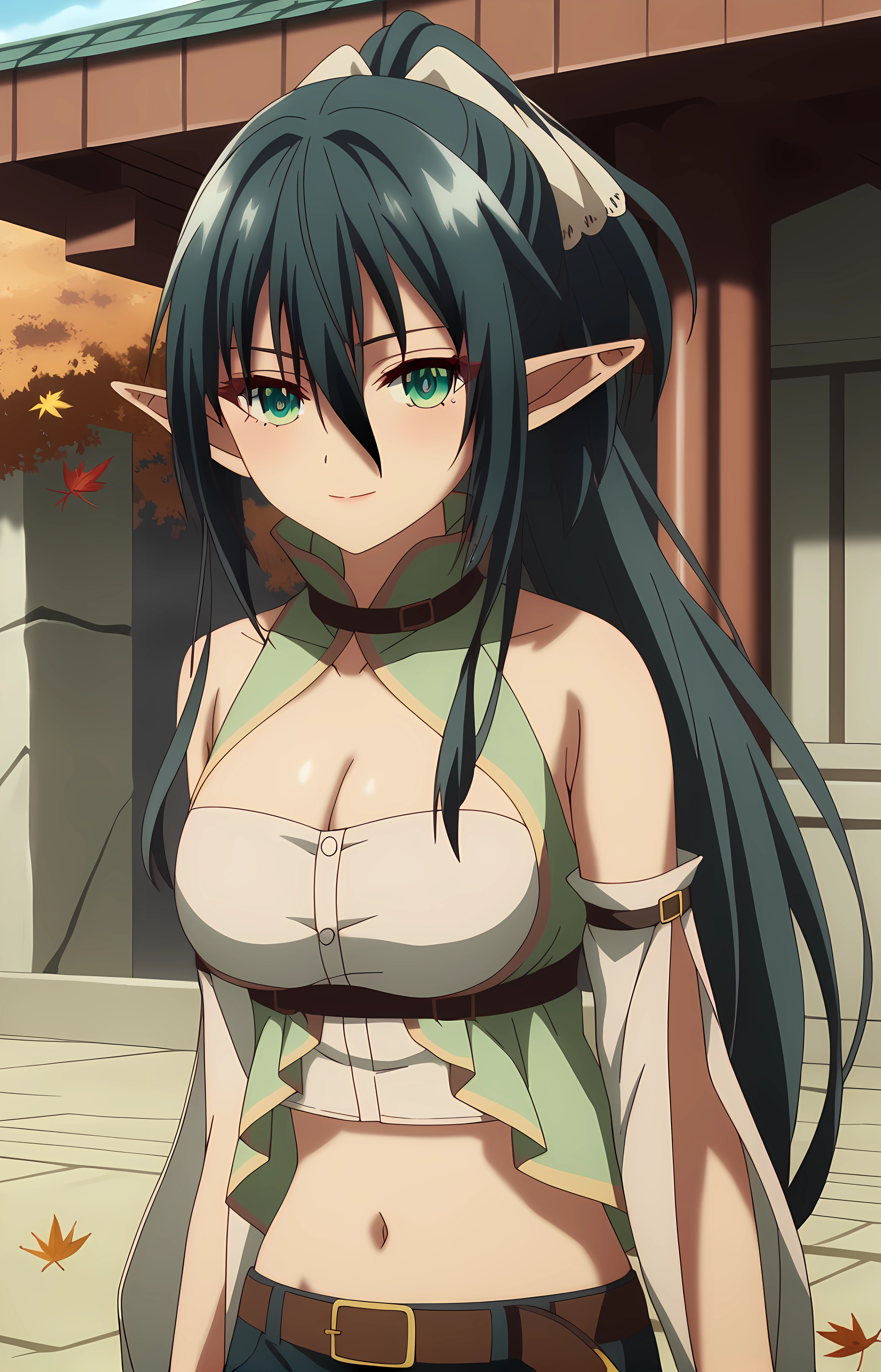 score_9, score_8_up, score_7_up, score_6_up, score_5_up, score_4_up, source_anime,looking at viewer, shiny skin, upper body, light smile, petite,ohwx, 1girl, long_hair, green_eyes, solo, pointy_ears, ponytail, elf, breasts, hair_between_eyes, black_hair, green_hair, cleavage, very_long_hair, thighhighs, medium_breasts, large_breasts, black_thighhighs, blue_hair,navel, shorts, cleavage, belt, midriff, brown_belt, bridal_gauntlets, detached_sleeves, crop_top, bare_shoulders, short_shorts, Ancient torii gate surrounded by autumn leaves, peaceful mountain shrine, gentle sunlight, tranquil mood,<lora:arle_kirlesio_pony_sobsynapse-000003:1>