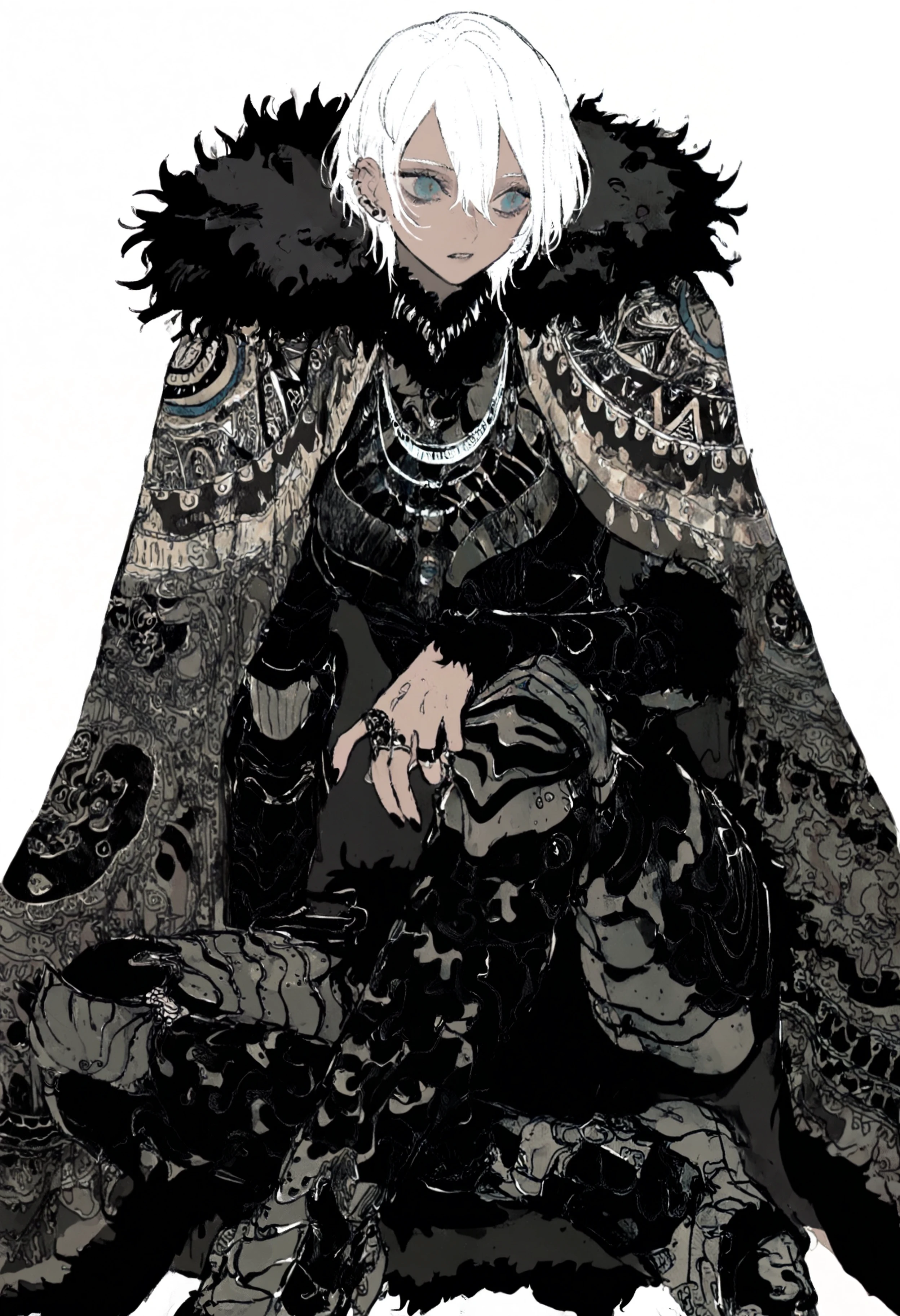 masterpiece, lowres, newest, very awa, muted color, contrast, unfinished,   1girl, solo, dark-skinned female, white hair, hair between eyes, blue eyes, black nails, rings, ear piercing, fur trim, fur collar, tapestry cape, necklace, sitting, armored boots, parted lips, simple background,   <lora:spo_sdxl_10ep_4k-data_lora_webui>,  <lora:NOOB_EPSv1_1_detailer_by_vlnvk_v1_0>, <lora:noobai_ep11_stabilizer_v0.30_fp16>, <lora:mon_monmon2133:0.8>