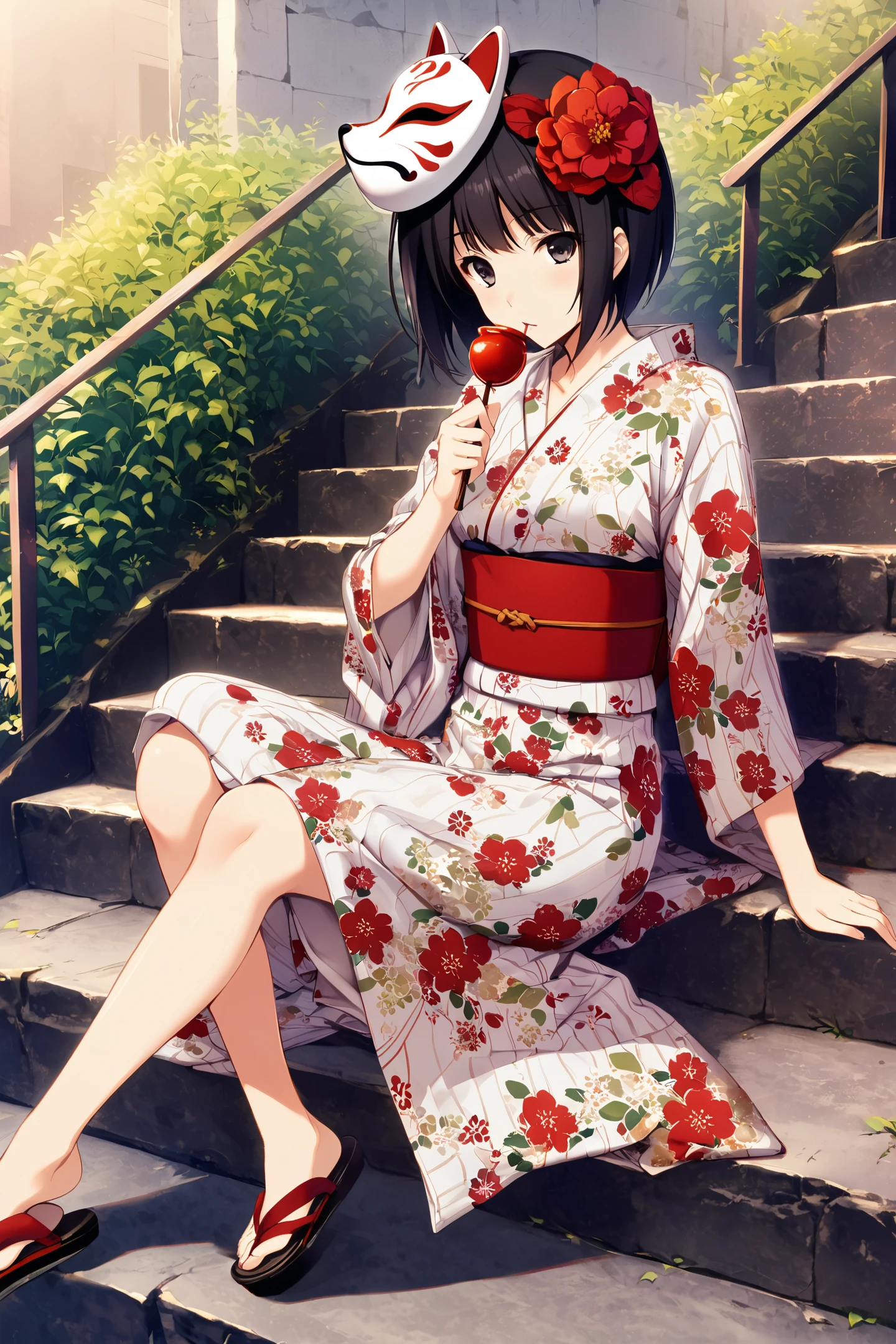 1girl,japanese clothes,candy apple,solo,kimono,mask,food,black hair,short hair,yukata,fox mask,flower,sandals,sitting on stairs,stairs,black eyes,sitting,floral print,mask on head,looking at viewer,
<lora:Sugina Miki_XL:0.8>,