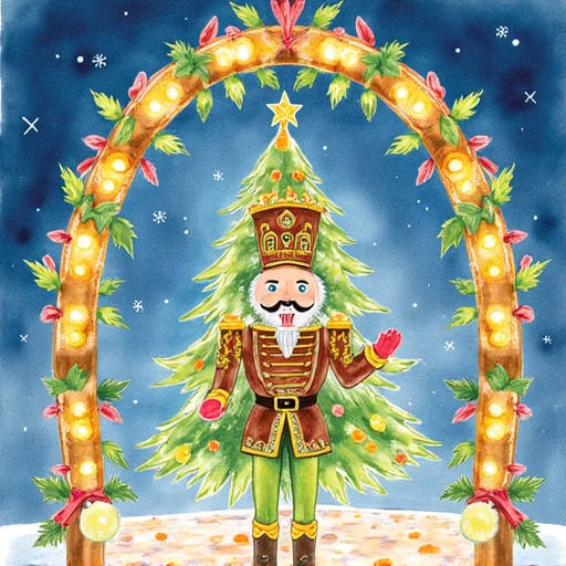 stands within an archway made of glowing, The image is a watercolor painting featuring a festive, elaborate Christmas tree soldier, pointed hat adorned with intricate designs, whimsical scene featuring a large, with tall, ornate Christmas tree, ornate hat, The image is a vibrant