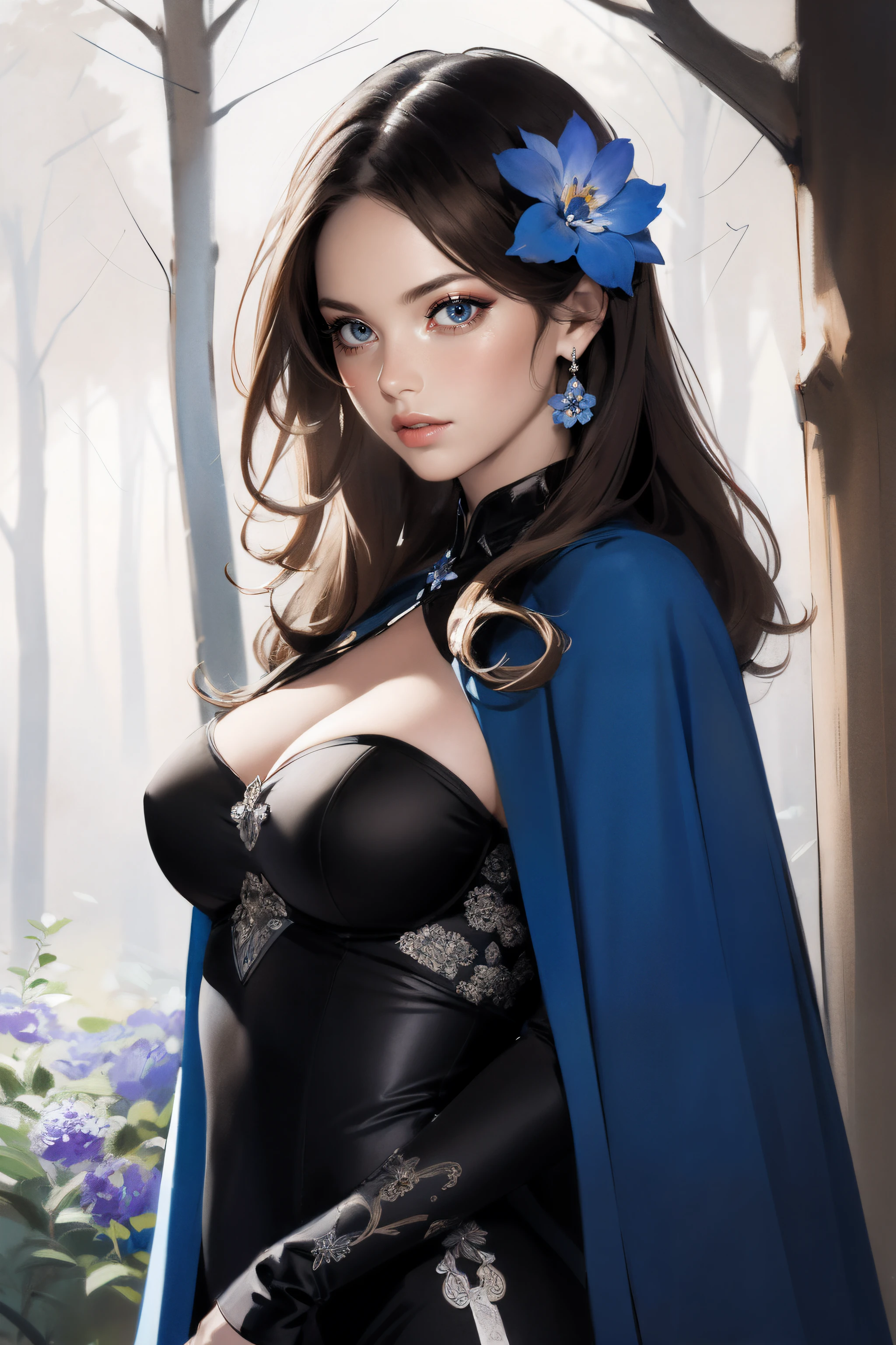 (ink, monochrome, sketch:1.2), 1girl, solo, long hair, breasts, looking at viewer, blue eyes, large breasts, brown hair, hair ornament, closed mouth, cleavage, flower, outdoors, hair flower, cape, tree, lips, nature, blue flower, forest, blue cape, <lora:Victoria_S_epoch_9:0.6>,