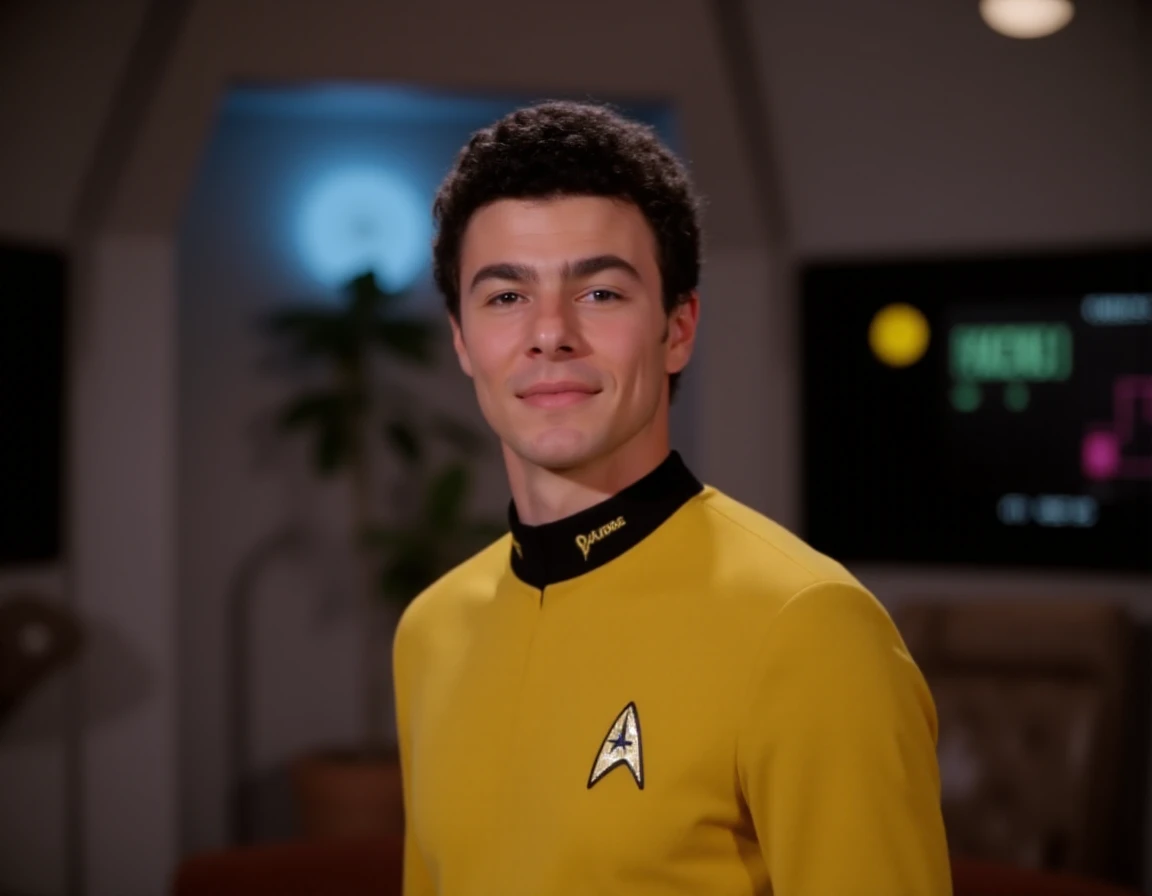 90s vhs still of handsome male vulcan wearing a yellow starfleet uniform in the foreground. The photo is reiminescent of 90s sci fi with a starfleet bridge in the background. He has slightly curly dark hair <lora:LM-FLUX:1>