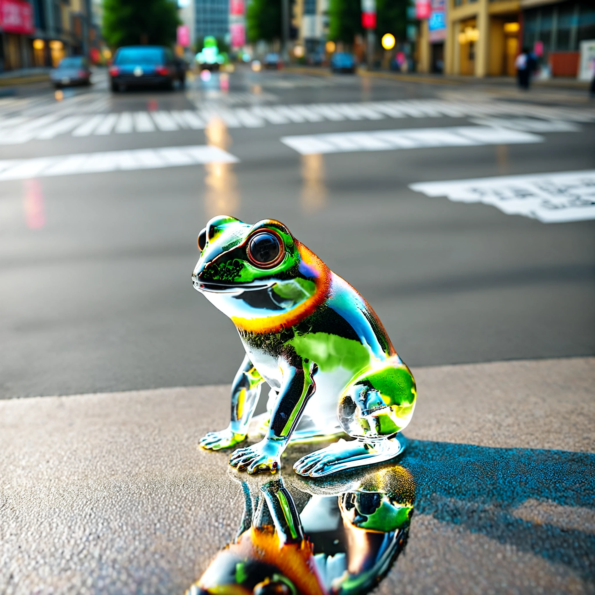 glass frog, solo, outdoors, solo_focus, blurry, no_humans, depth_of_field, blurry_background, building, reflection, photorealistic, cityscape, realistic, transparent, photo_background, reflective_floor, crosswalk, real_world_location,  <lora:Crystal_ornament_IL_v1:0.5>