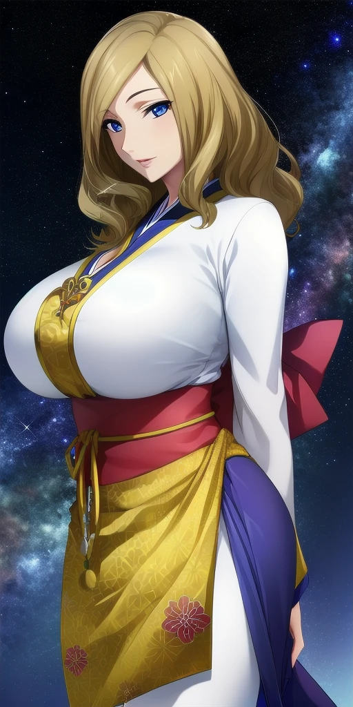 <lora:MillyV2:0.7> milly_ashford, huge_breasts, standing, solo, arms_behind_back, starry_sky, japanese_clothes, masterpiece, best_quality, detailed_face, detailed_eyes, highres, beautiful, detailed, absurdres,