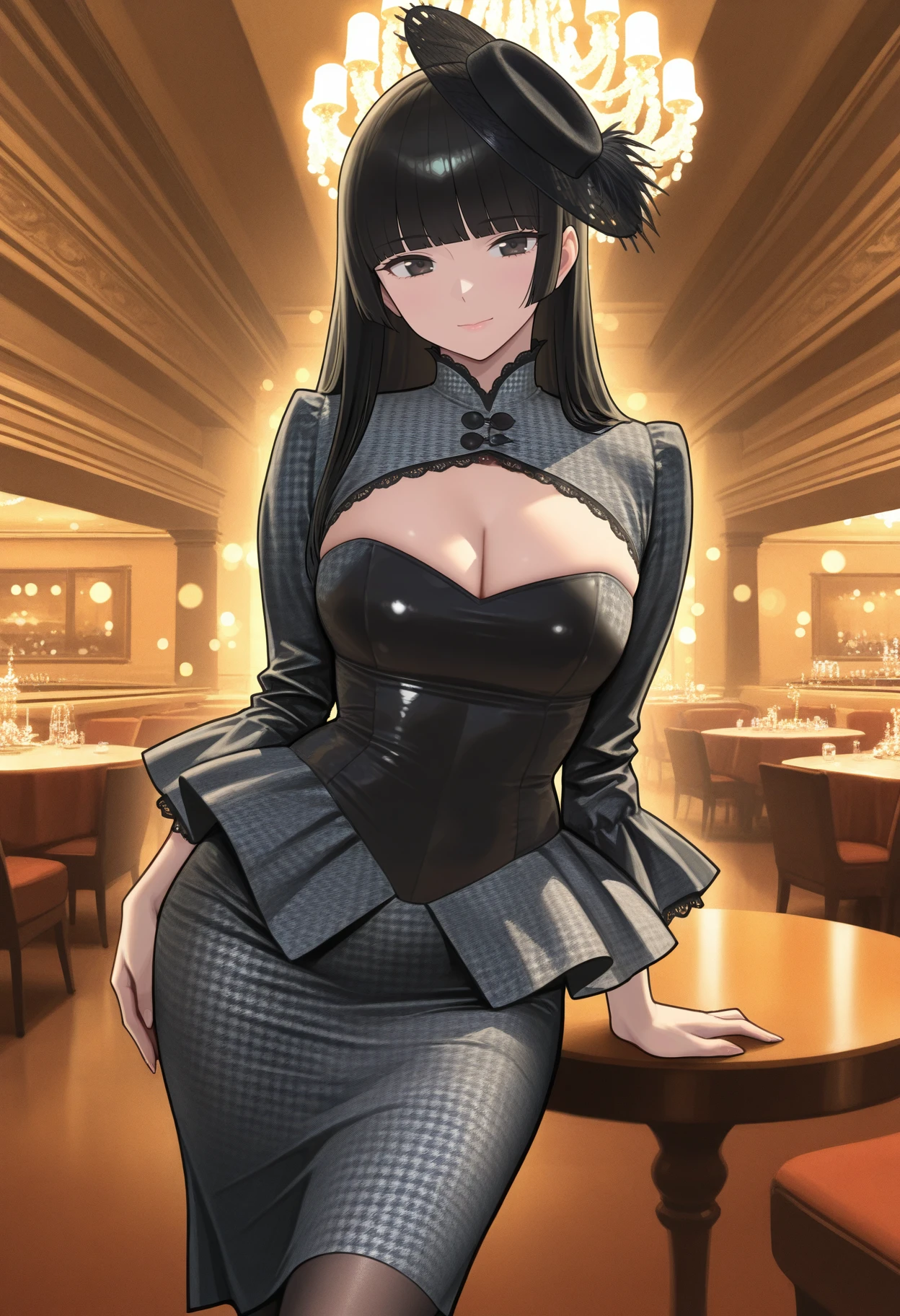 1girl, solo, photogenic beautiful woman, <lora:Outfit_soph-VintagePeplumSuitdress-ILXL:0.85> dr3ss, ((wide voluminous peplum))  medium breasts, hime cut straight long black hair, dr3ss, shiny satin houdstooth suit, shrug \(clothing\),  very high stiff collar, ornate trim,cleavage cutout, mature woman, best quality, afterglow, bokeh, 8k resolution, rim lighting, shadows, fascinator, pantyhose, standing, grand hall, chandelier, romantic restaurant, sitting, Marble Grandeur, Timeless, imposing, luxurious, majestic, by Zaha Hadid photography, shallow depth of field, vignette, highly detailed, high budget, bokeh, cinemascope, moody, epic, gorgeous, film grain masterpiece, best quality, very aesthetic