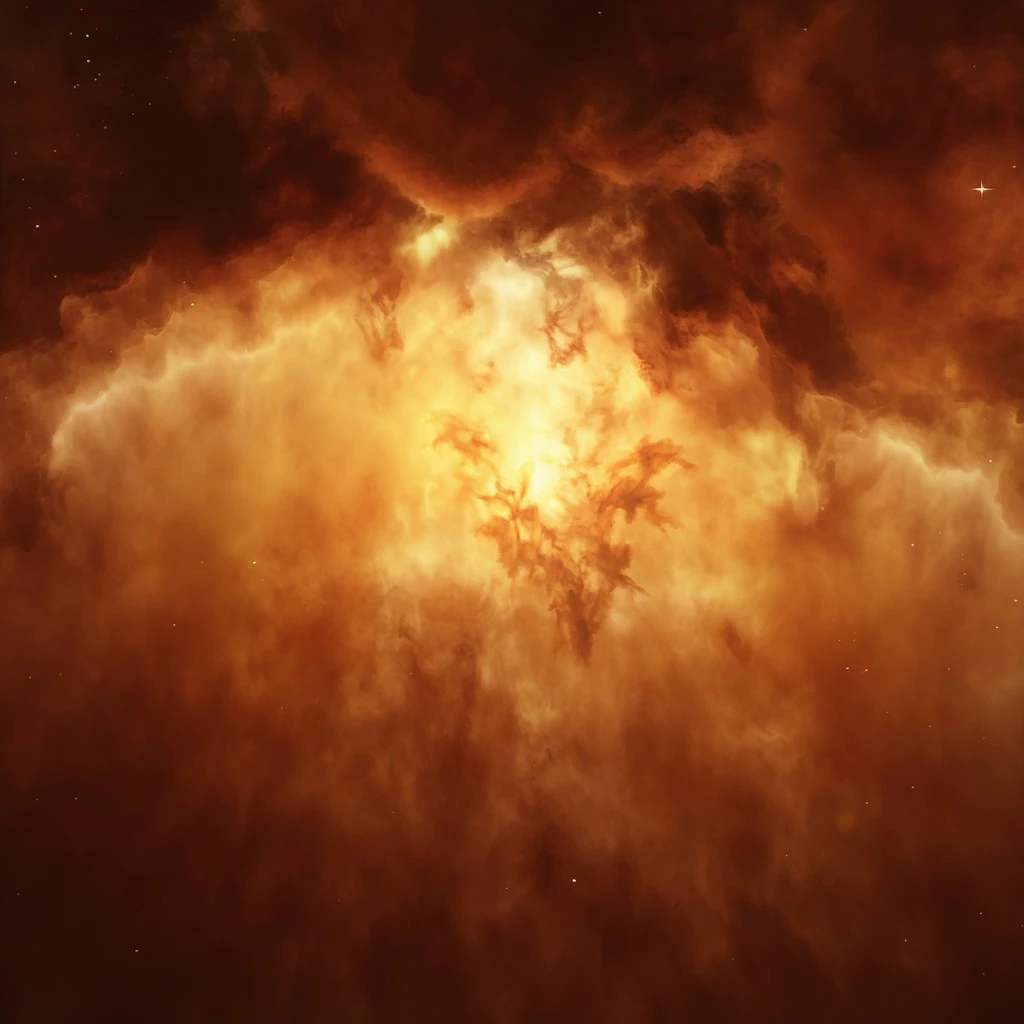 A stunning photograph of a bright, glowing nebula in space, with a rich palette of colors including shades of orange, yellow, and brown. The nebula is surrounded by a dense, swirling cloud of gas and dust. Several bright stars are scattered throughout the background, with one prominent star to the left and another to the right. The lighting appears natural, with the nebula illuminated by the stars. The image has a serene and majestic feel, capturing the beauty and vastness of the cosmos.