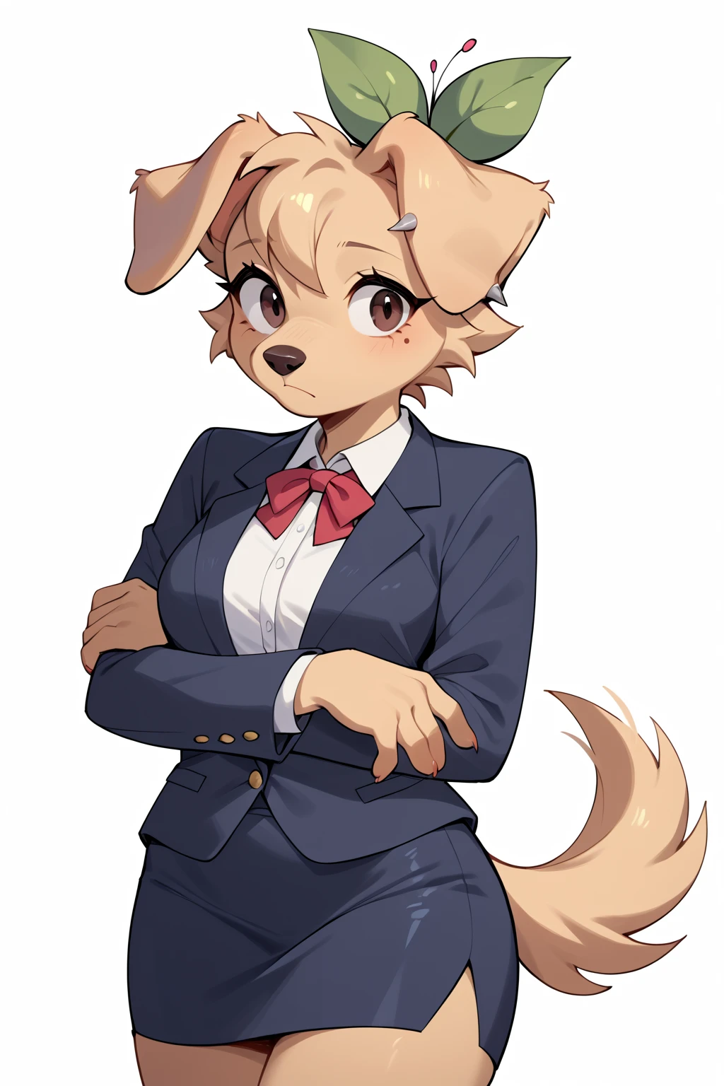 digital_media_(artwork), hi_res, score_9, score_8_up, score_7_up, score_6_up, score_5_up, score_4_up,  <lora:berri-cherry beries:0.8>, CherriBerri,golden retriever,female,anthro,dog girl,canine,cheek tuft,floppy ears,paws,tan body,tan fur,plant on head,black eyes,brown eyes,bangs, Business: Pencil skirt, tailored blouse, blazer, and pumps.