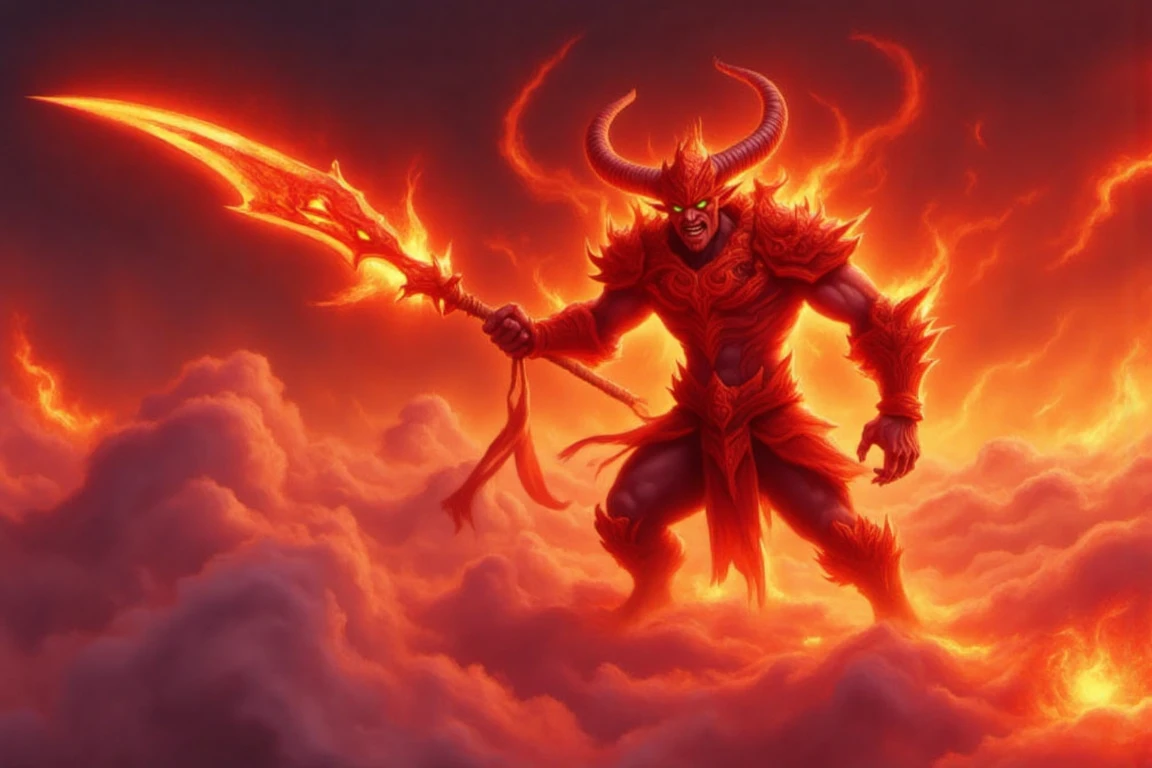 efrx,  The Efreet is locked in aerial combat above a sea of clouds, wielding a spear of molten magma. Its flames burn bright against the twilight sky, which shifts from deep purple to blazing orange. Clouds beneath are tinged with ember-like reflections of the Efreet’s fire. A dynamic, tilted camera angle emphasizes its dramatic mid-air pose as it lunges forward. The palette balances cool twilight tones with the intense warmth of its fiery form.