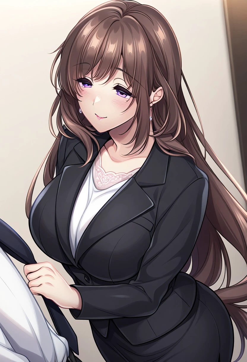 masterpiece, best quality, newest, highres, uncensored, 1girl, Hagino Umi,Brown Hair, Side Tail, Waist Length Hair,Violet Eyes,Big Breasts, Pale, Slim, Young-adult，
1girl, 1boy, suit, formal, long hair, ass, necktie grab, skirt,  neckwear grab, dutch angle, hetero, makeup, skirt suit, business suit, pencil skirt, necktie, mature female, jacket, earrings, jewelry, assertive female, smile,  belt