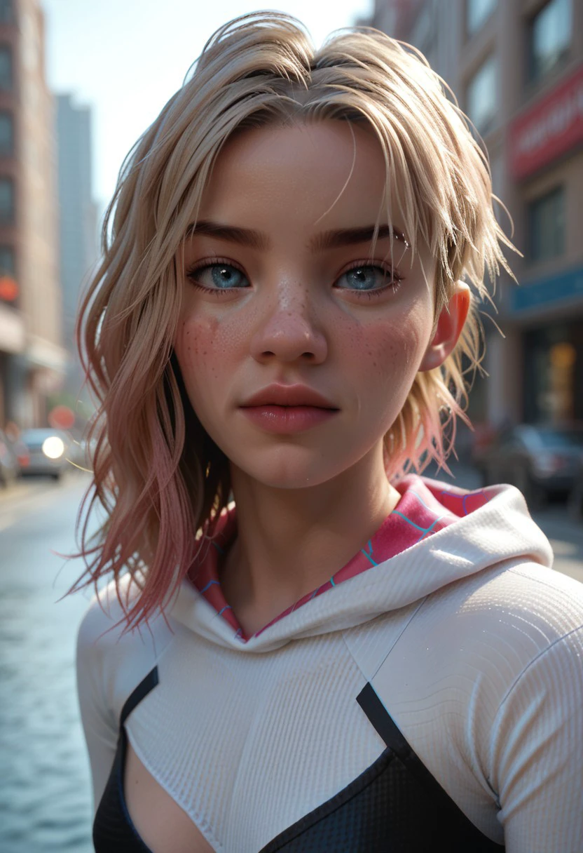 score_9, score_8_up, score_7_up, score_6 Gwen Stacy freckles, swinging through New York, up close