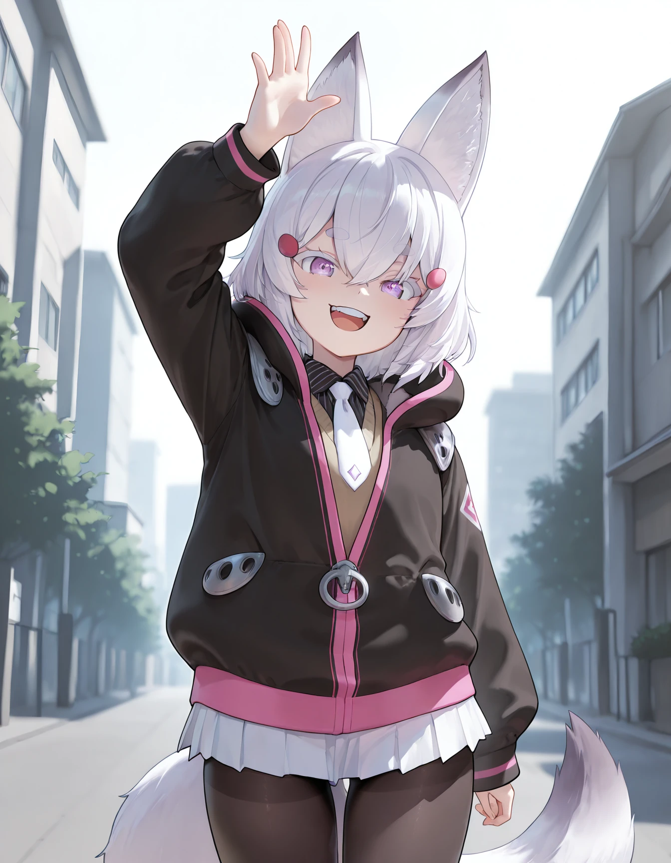 masterpiece, best quality, absurdres, amazing quality
<lora:tenma2:1> tenma, 1girl, solo, looking at viewer, smile, open mouth, skirt, shirt, hair ornament, long sleeves, hair between eyes, jacket, tail, :d, pantyhose, necktie, teeth, hairclip, collared shirt, hood, arm up, black jacket, black pantyhose, fox tail, thick eyebrows, white skirt, white necktie, outdoors,