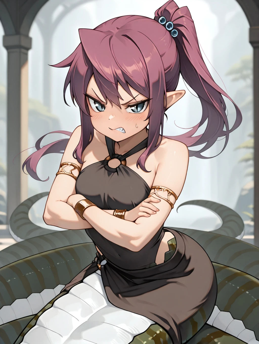 1girl, LmaTey, purple hair, ponytail, blue eyes, slit pupils, black skirt, o-ring, black shirt, sleeveless, jewelry, pointy ears, lamia,

(dynamic pose), crossed arms, angry,

masterpiece, best quality,amazing quality, very aesthetic, absurdres, depth of field, blurry background, extremely detailed face, detailed eyes