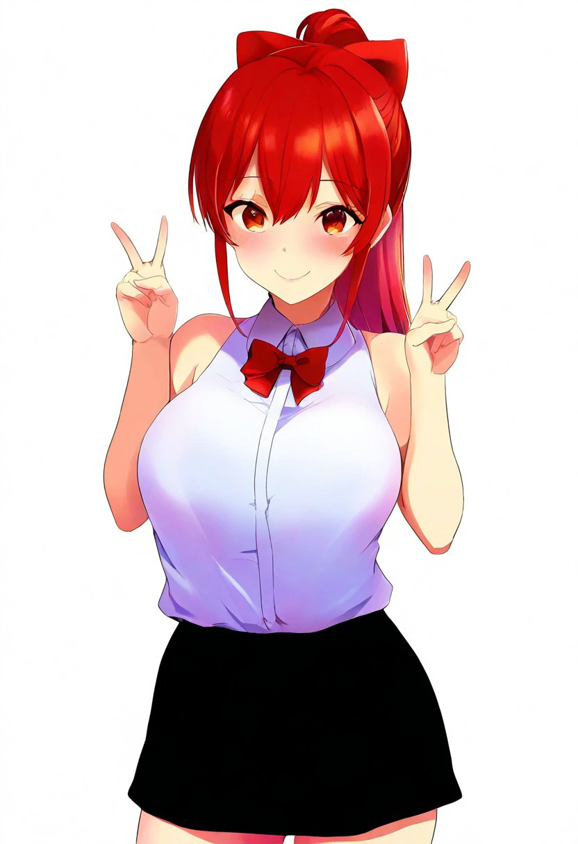 1girl,v, solo,red_hair, red hair, white background,, long hair, sleeveless, looking at viewer, blush, ponytail, bow, shirt, bare shoulders, smile, cowboy_shot, black_skirt,