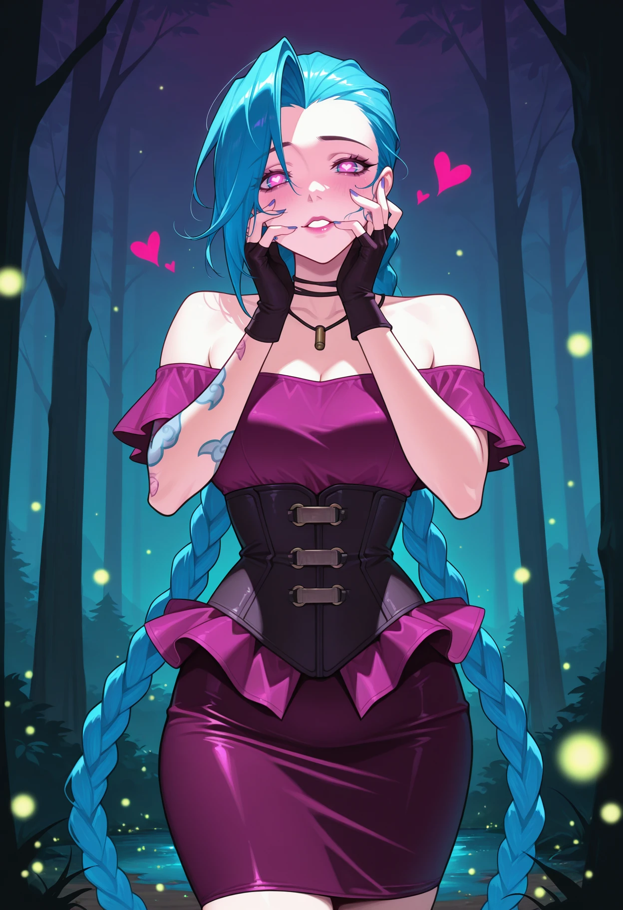 1girl, jinx \(league of legends\), cowboy shot, heart shaped pupils, yandere trance, closeup, <lora:Outfit_soph-VintagePeplumSuitdress-ILXL:0.85>  mature females, dr3ss, ((wide voluminous peplum)) pencil skirt, corset, standing,  off-shoulder, forest, fireflies,  <lora:Char_vox-KeylethV2-PDXL:0.8> masterpiece, best quality, very aesthetic