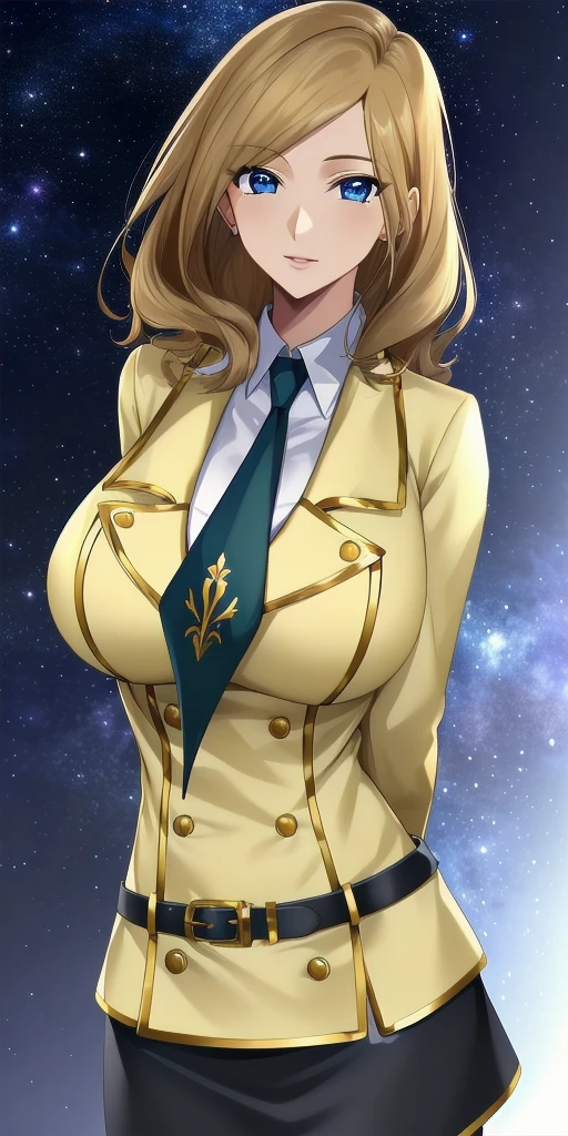 <lora:MillyV3:0.7> milly_ashford, huge_breasts, standing, solo, arms_behind_back, starry_sky, yellow_jacket_white_collared_shirt_green_necktie_green_skirt_belt, masterpiece, best_quality, detailed_face, detailed_eyes, highres, beautiful, detailed, absurdres,