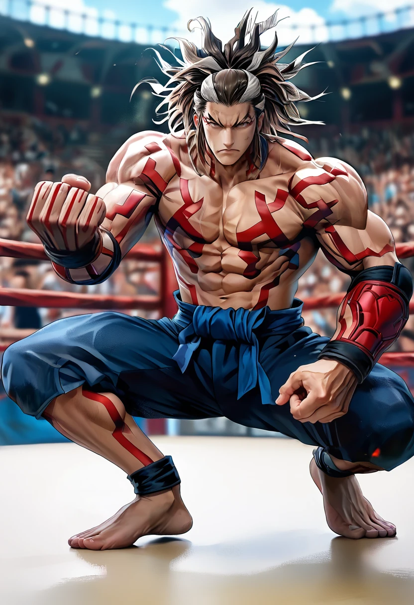 score_9, score_8_up, score_7_up, (masterpiece:1.2), (best quality:1.3), (masterpiece), (best quality), 1boy, <lora:Raiden_Tameemon:0.8> rtmn_ror, muscular, two-tone hair, fighting stance, simple background, masterful composition, dynamic movement