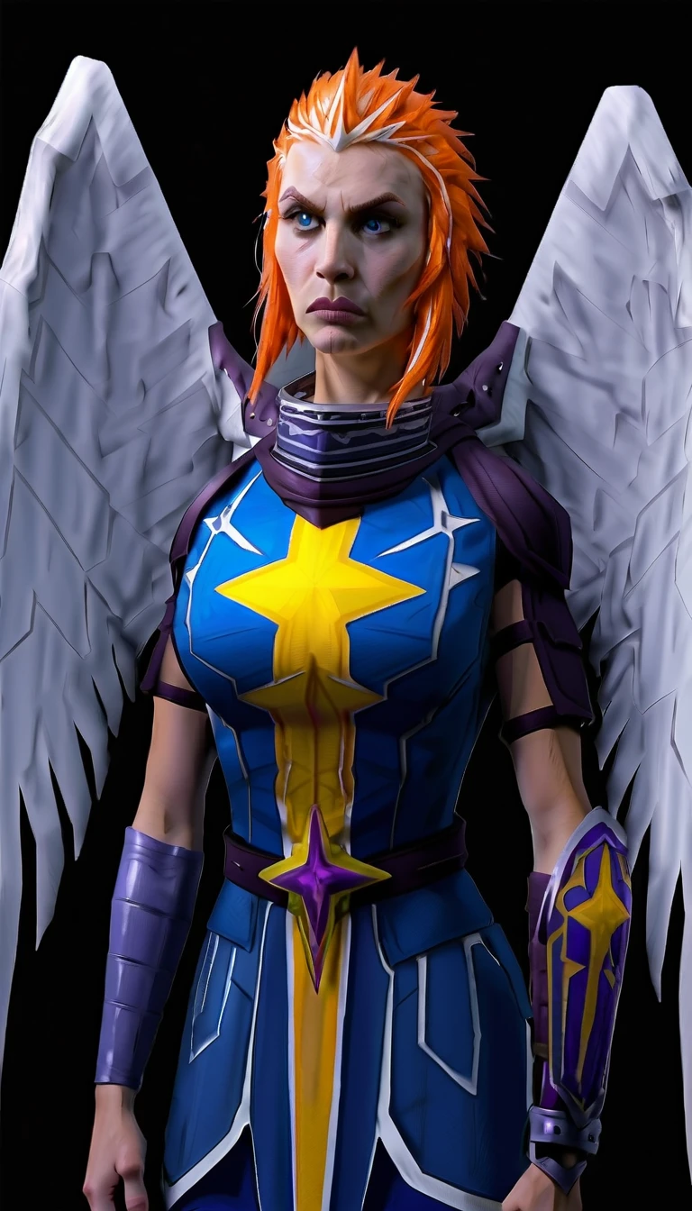  PHOTO, Commander Zilyana, Multi colored hair orange and white, armored, angelic white wings, ((blue and gold star armor)), ((purple arm guards)), stern expression, upper body shot, HD, sharp focus, detailed face, cowboy shot, movie still