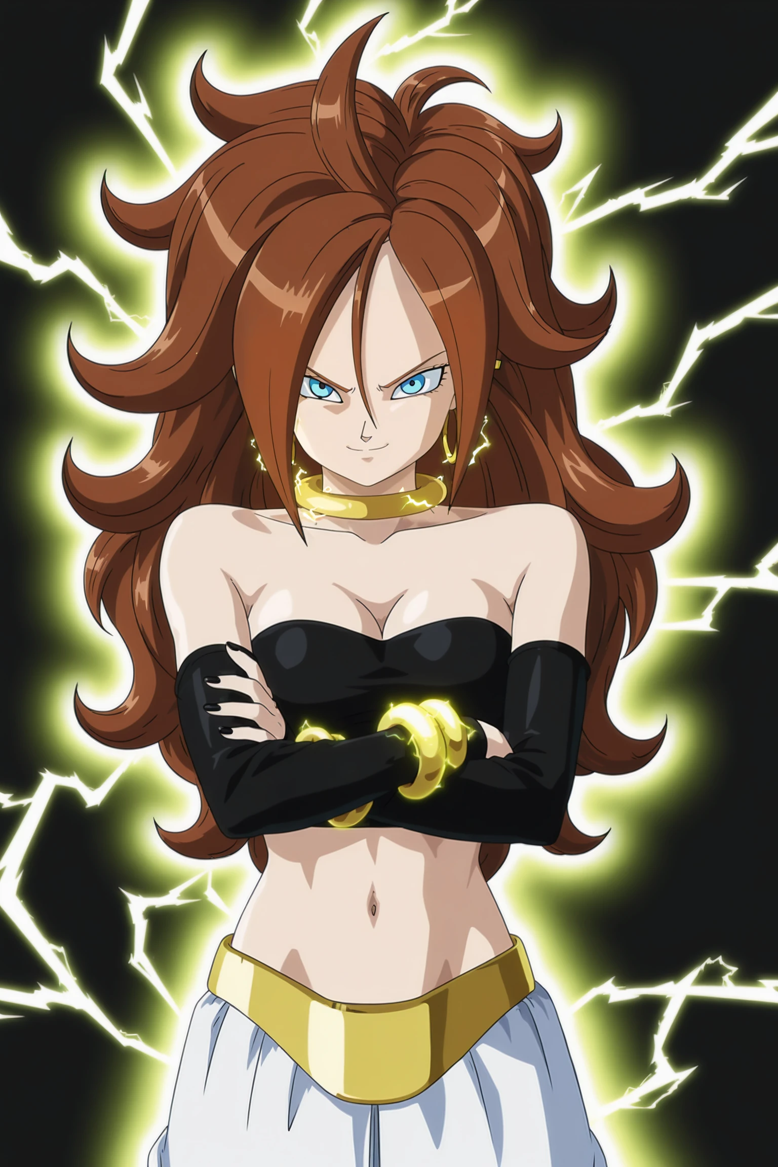 anime screencap, absurdres, high quality,  official style, 
android 21,(((human))), long hair, curly hair, brown hair, blue eyes, majin outfit, hoop earrings, earclip, gold choker, bare shoulders, collarbone, black tube top, cleavage, detached sleeves, black sleeves, midriff, navel, gold belt, baggy pants, white bottomwear, cowboy shot, crossed arms, evil smile, glowing_body, black background, electricity,
<lora:Android_21_IL:0.8>