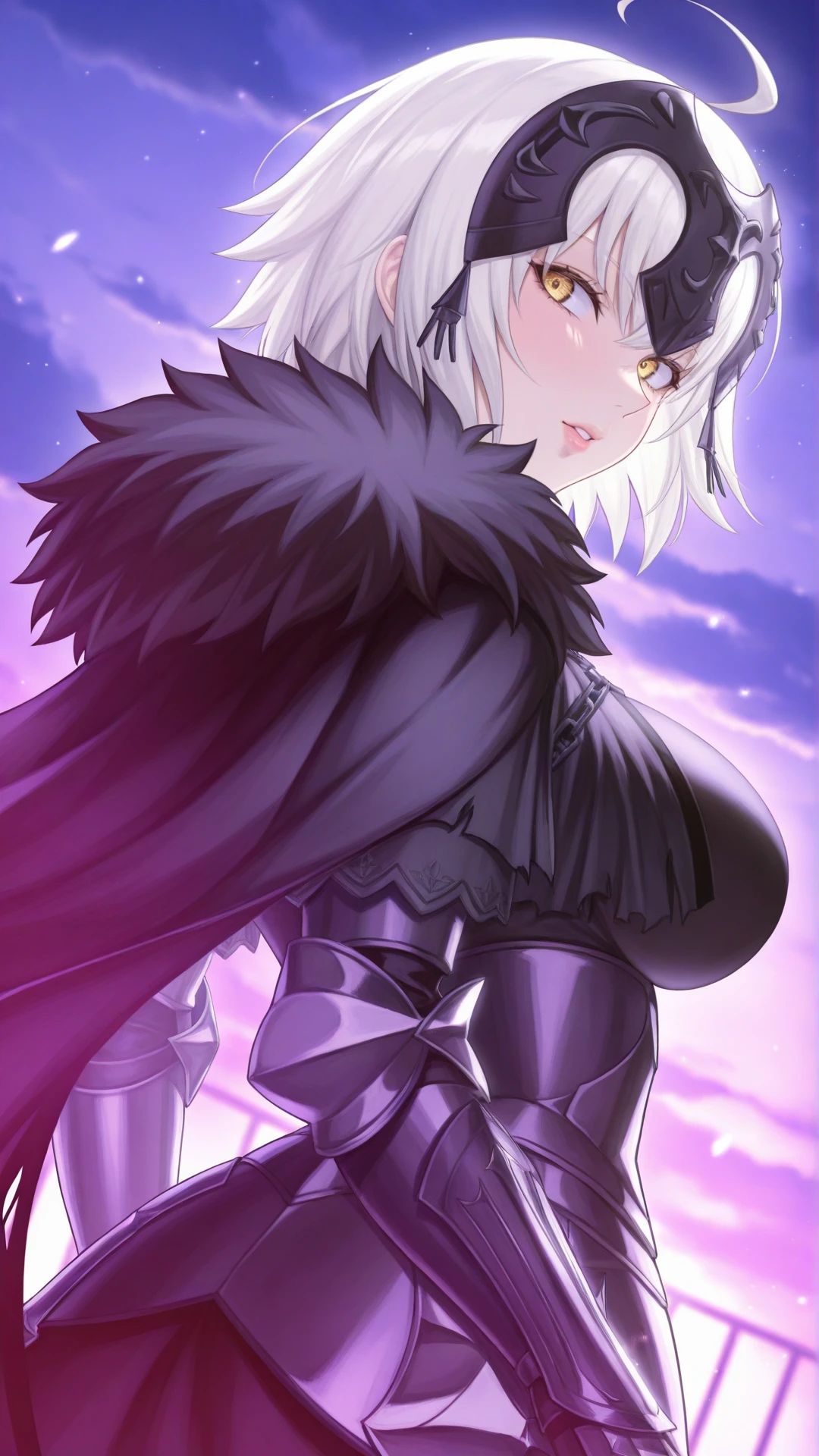 masterpiece, best quality, very aesthetic, high resolution, ultra-detailed, absurdres, newest, upper body, dutch angle, mature female, (from behind), 
<lora:Jalter_Illu_Dwnsty:1>, jdarcalter_def, yellow eyes, white hair, ahoge, headpiece, short hair, fur trim, black cape, fur-trimmed cape, torn cape, fur collar, black fur, armored dress, gauntlets, chain, black dress, 
medium breasts, (lips), extremely detailed eyes, looking back,
perfect background, perfect night, rim light, dynamic, highly detailed background, cloudy sky, light particles, (face focus:0.7),