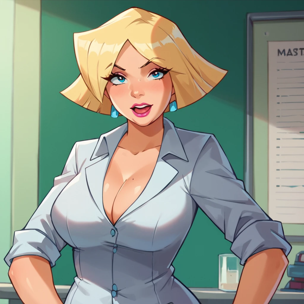 score_9, score_8_up, score_7_up, 1girl, Stella, blonde hair, short hair, blue eyes, lipstick, earrings, large breasts, plump, wide hips, looking at viewer, lab coat, cleavage, highres, high quality, masterpiece, <lora:StellaTS:1> <lora:Expressive_H:0> Expressiveh