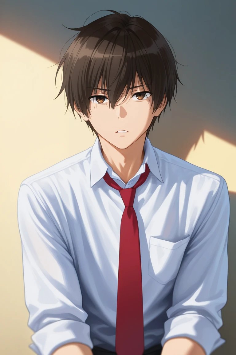 masterpiece, best quality, amazing quality, very aesthetic, high resolution, ultra-detailed, absurdres, newest, scenery, volumetric lighting, depth of field, 1boy, solo, male focus,<lora:seiya:0.83>, seiya kanie, dark brown hair, brown eyes, short hair, straight hair, neutral expression, white shirt, slightly messy hair, sharp chin, parted lips, neat collar, casual look, red tie, light skin, calm demeanor, natural posture, subtle shadows,tucked shirt, tidy appearance, soft lighting, relaxed stance, upper body, looking at viewer