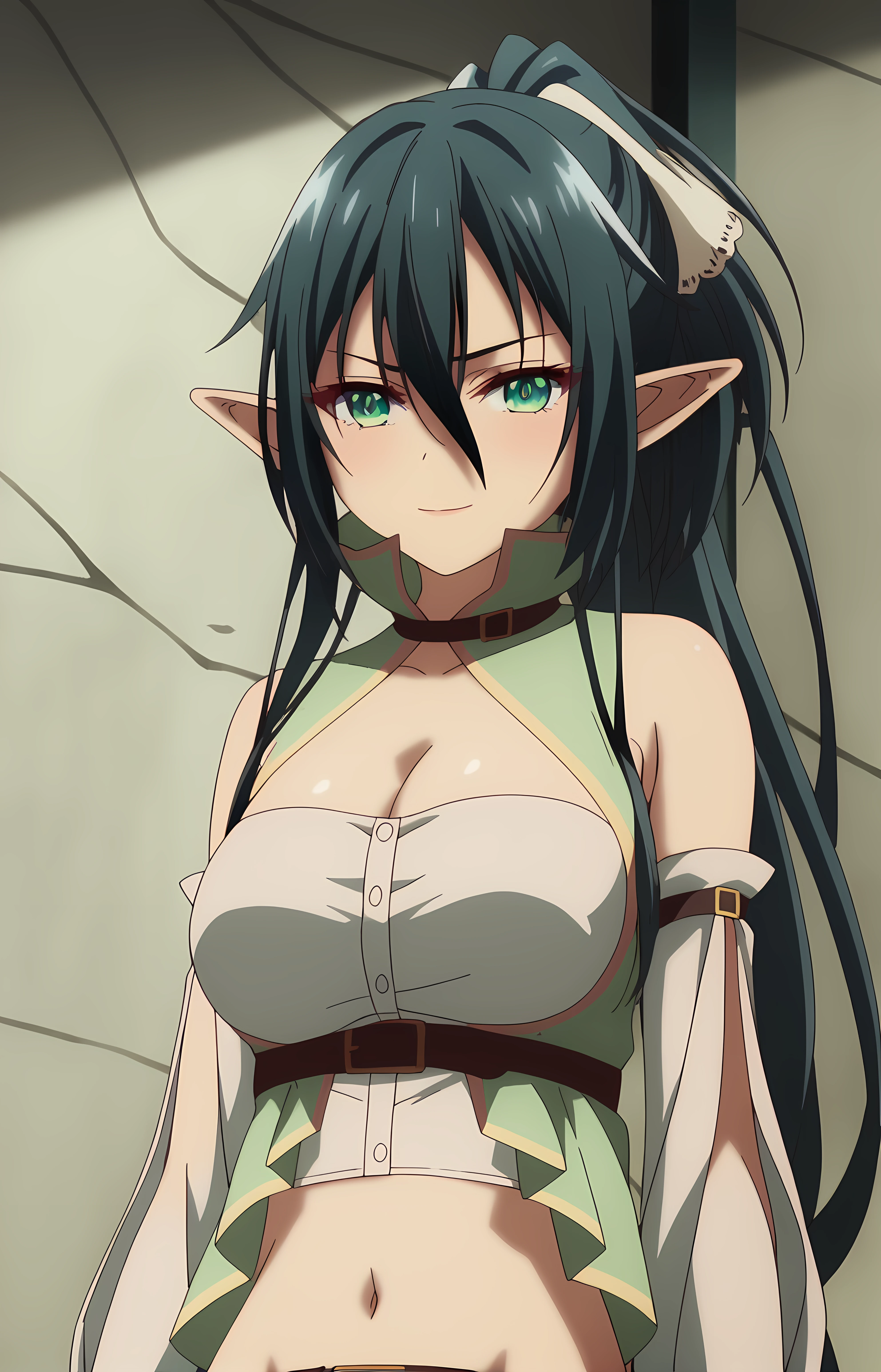 score_9, score_8_up, score_7_up, score_6_up, score_5_up, score_4_up, source_anime,looking at viewer, shiny skin, upper body, light smile, petite,ohwx, 1girl, long_hair, green_eyes, solo, pointy_ears, ponytail, elf, breasts, hair_between_eyes, black_hair, green_hair, cleavage, very_long_hair, thighhighs, medium_breasts, large_breasts, black_thighhighs, blue_hair,navel, shorts, cleavage, belt, midriff, brown_belt, bridal_gauntlets, detached_sleeves, crop_top, bare_shoulders, short_shorts, View of Mount Fuji with rice fields in foreground, soft evening light, peaceful and serene atmosphere,<lora:arle_kirlesio_pony_sobsynapse-000003:1>