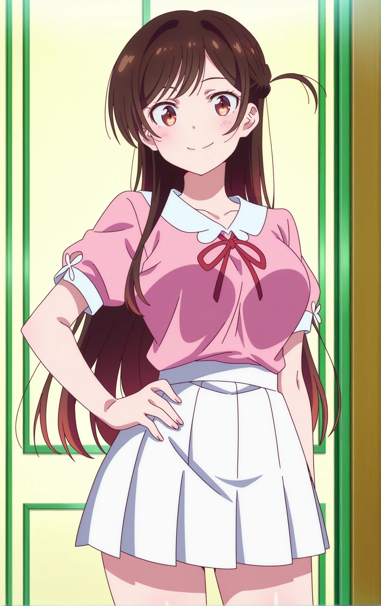 masterpiece, detailed face, best quality, very aesthetic, absurdres, best quality, year 2023,indoors, anime screencap, large breasts,
<lora:Chizuru_Ichinose:0.9>, Chizuru Ichinose, brown hair, brown eyes, long hair, braid,
mizuhara chizuru, 1girl, braid, brown hair, closed mouth, long hair, looking at viewer, miniskirt, hand on own hip, cowboy shot, neck ribbon, one side up, pink shirt, pleated skirt, red ribbon, ribbon, shirt, short sleeves, skirt, smile, solo, standing, white skirt,
shiny skin, anime coloring, uncensored, anime screencap,