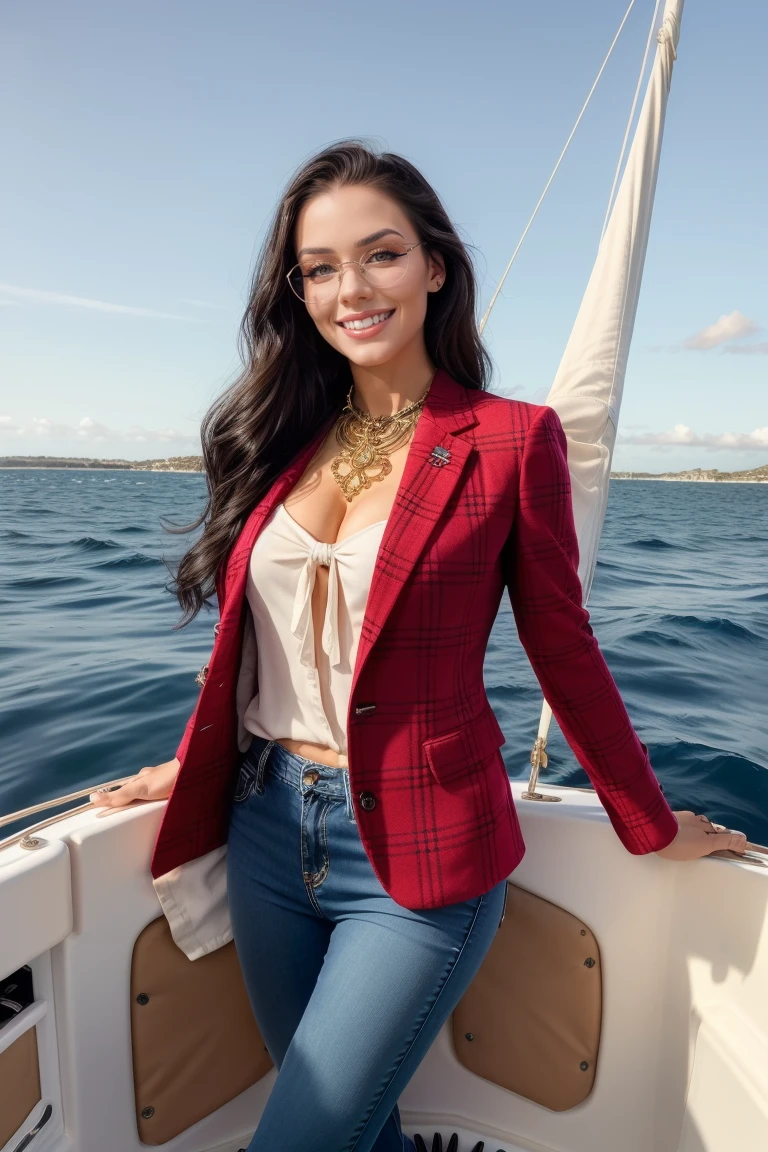 Luxurious Elegance, (best quality), masterpiece,  realistic,<lora:richellynaQuiron_v07i02e25t05_Lora:0.77> richellynaQuiron woman, 1girl, glasses, smile, makeup, Balancing on the edge of a sailboat, she revels in the exhilaration of the open sea and wind in her hair,  Plaid blazer, black jeans, and loafers,, extravagant, ornate, designer, opulent, picturesque, lavish