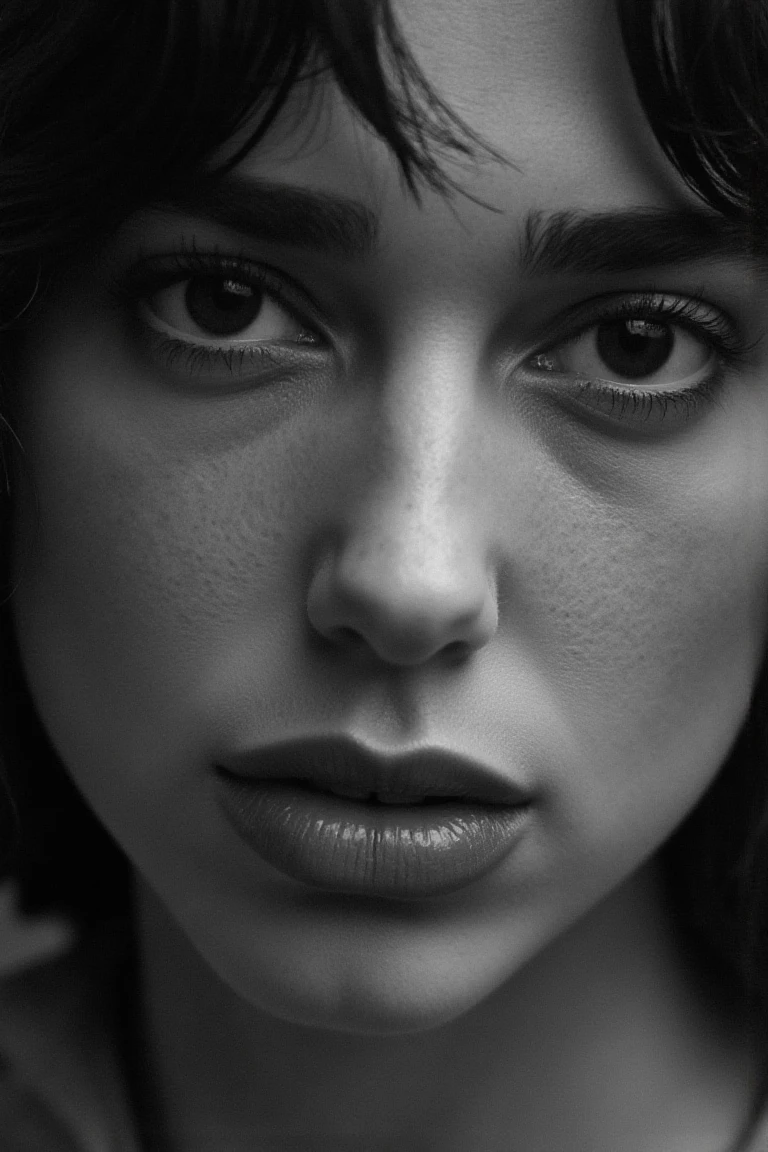 portrait inspired by Peter Lindbergh's photographic style of dualflx, a woman looking directly into the camera with an intimate and deep expression.  dark brown eyes. ** Lighting ** must be soft and natural,avoiding exaggerated perfection,and focusing on capturing the human essence and the natural beauty of women. Shadows and lights should accentuate the lines and textures of the face,highlighting its emotional and vulnerable expression. The woman's face is devoid of makeup or a very subtle touch,highlighting the authenticity and imperfection that Lindbergh valued in his portraits. The ** precise details ** include a deep look,with eyes that convey history,strength and fragility at the same time. The expression on her lips is relaxed,with a slight separation that adds a touch of naturalness and spontaneity. The texture of your skin,with all its small imperfections,pores and subtle wrinkles,should be faithfully captured,enhancing the real beauty without touch-ups or filters. The ** fundo ** is simple and out of focus,typically neutral,with shades of gray that do not distract attention from the face. The image uses minimal depth of field,with an absolute focus on the woman's face and the rest in a gentle blur. Black and white should be full of soft contrasts,but without losing the delicacy of the shadows,creating a raw,emotional and living environment. Make sure the image ** conveys a sense of humanity,authenticity and emotional connection **,key features of Peter Lindbergh'******. The woman must appear strong but accessible,showing her beauty without the need for ornaments,with a direct connection between her gaze and the viewer. ** Additional items ** are minimal,with all the attention on the woman's face and expression.