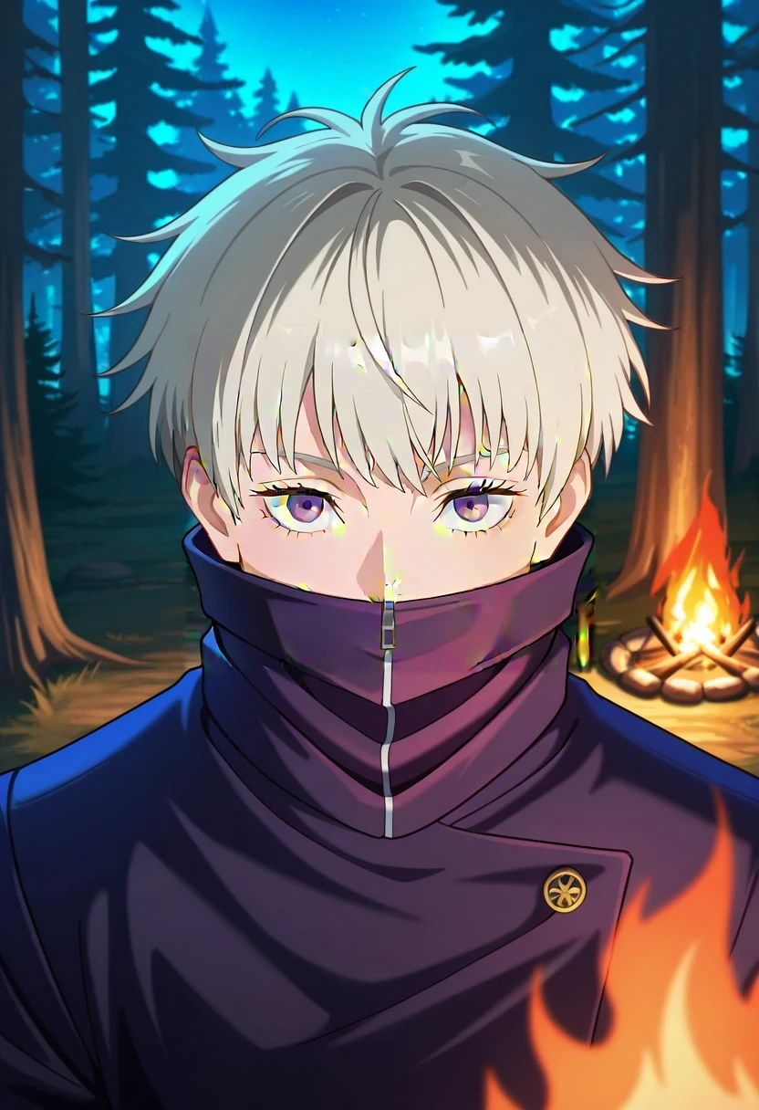 masterpiece, best quality, , , looking at viewer, , 1boy, solo, male focus, <lora:toge_inumaki_ilxl:0.9>, toge_inumaki, white hair, purple eyes, spiked hair, covered mouth, turtleneck, high collar, gakuran, close-up, cabin, forest, campfire, dawn, victory pose, distracted, aloof, oblivious,