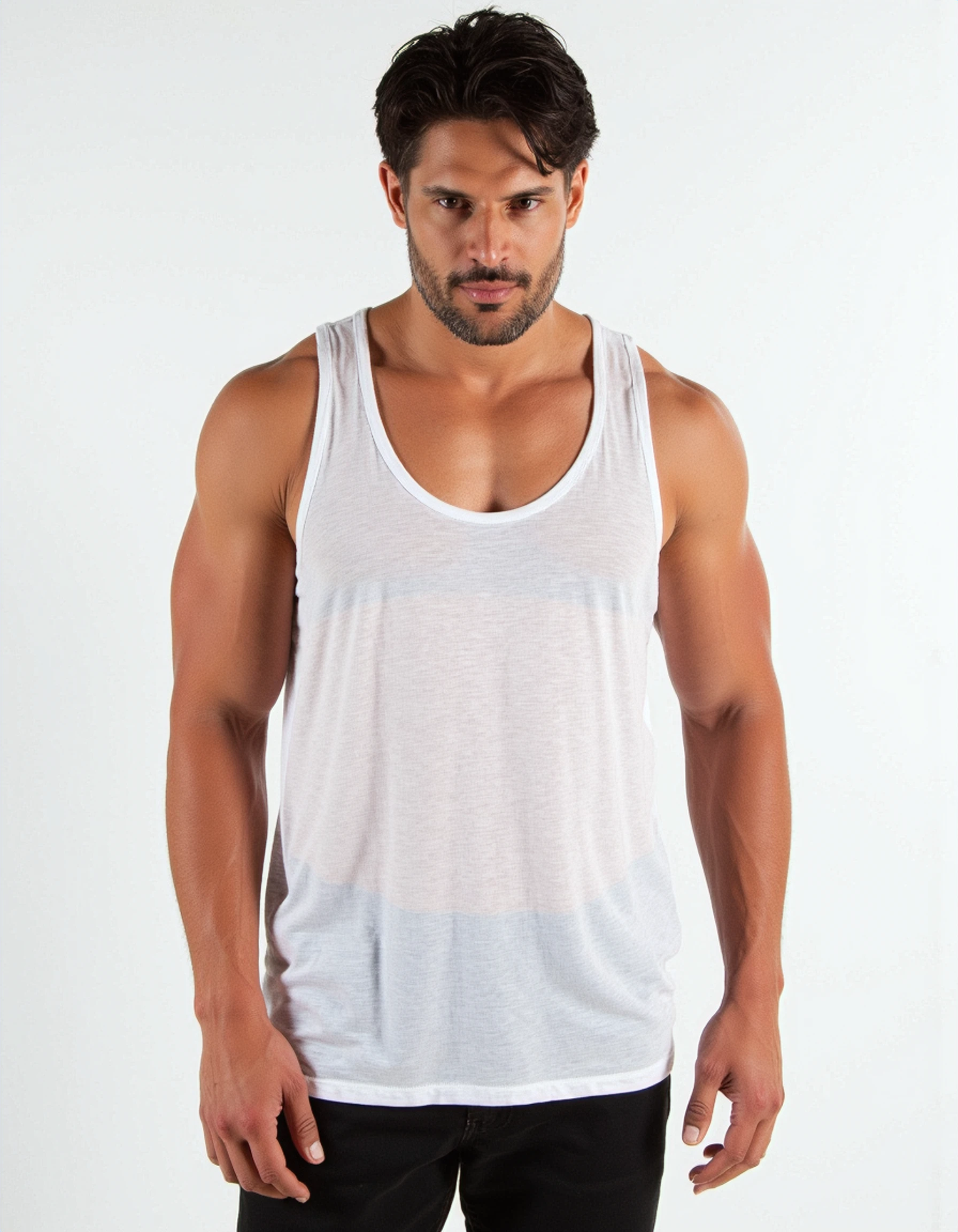 photo of man <lora:Mike-Bobola:0.8>, wearing tank top and shorts and sneakers, white background