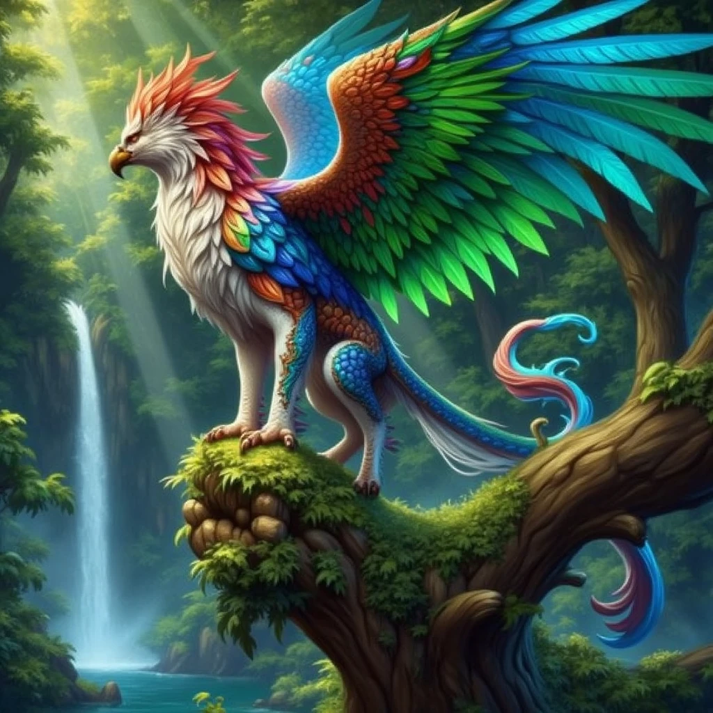 ethereal fantasy concept art of  A jungle griffin adorned with vibrant feathers in shades of emerald, sapphire, and ruby, blending into its lush rainforest surroundings. Its body is sleek and muscular, with fur patterned like a jaguarâs. Perched on a thick branch wrapped in glowing moss, it surveys a cascading waterfall in the distance. The sunlight filters through the dense canopy, creating a dappled effect on the griffin's textured feathers and fur. The camera is positioned at a dynamic side angle to showcase the interplay of light and shadow.<lora:hippogriifns:1>grfx, hprfx . magnificent, celestial, ethereal, painterly, epic, majestic, magical, fantasy art, cover art, dreamy