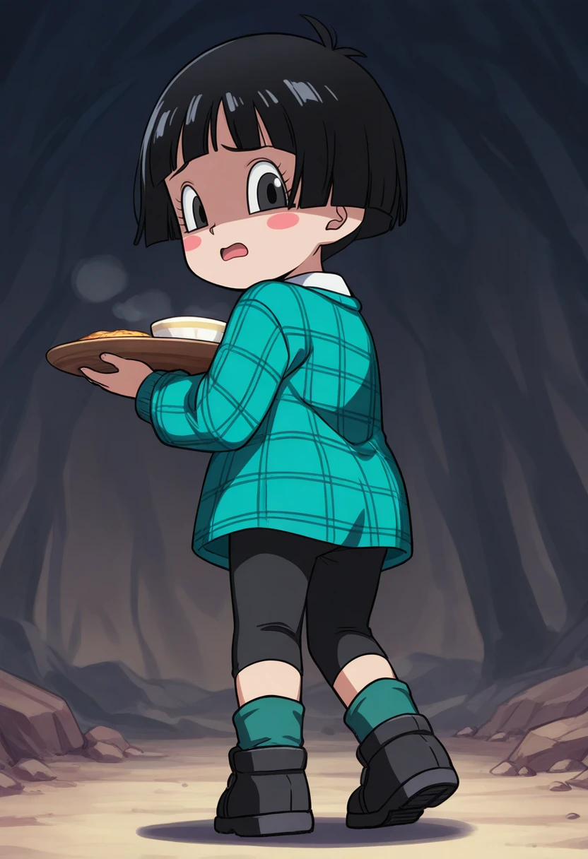 masterpiece, best quality, amazing quality, very aesthetic, absurdres, 1girl, solo, full body,
<lora:SHPan-IL:0.8> pan \(dragon ball\), child, bowl cut, black eyes, blush stickers, very short hair, blunt bangs, black hair,
plaid shirt, combat boots, solo, tray, serving, standing,, raised eyebrows, open mouth, in distress, shaded face, scared, fear,, back view,