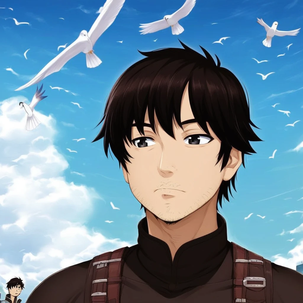 tanaka yoshio, unusial isekai protagonist, 1boy, male focus, solo, sky, facial hair, stubble, day, black hair, blue sky, cloud, bird, outdoors, black eyes, upper body