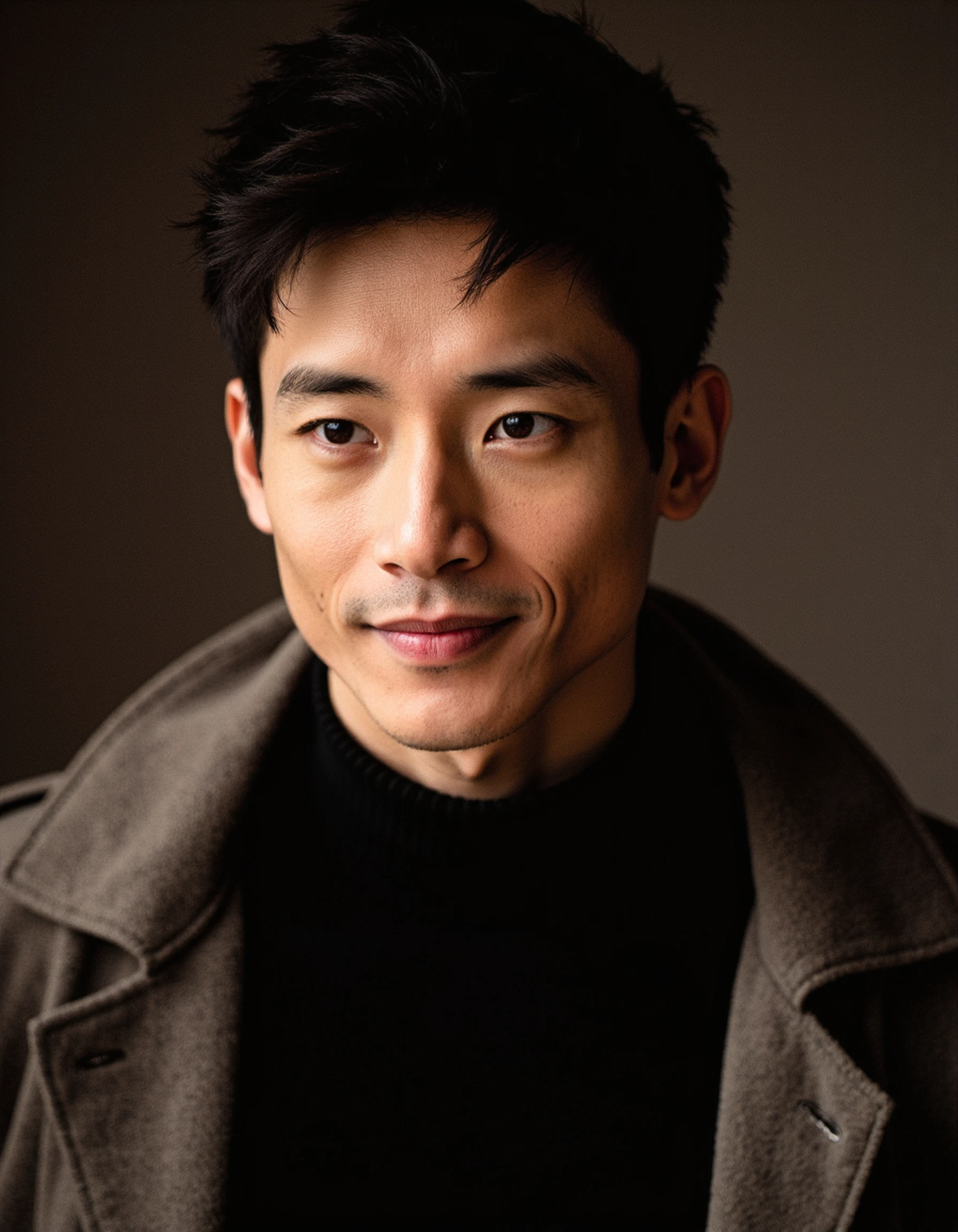 A close-up of Jason Mendoza with a relaxed and confident smirk, his jawline highlighted by soft, moody lighting. He wears a sleek black turtleneck and a tailored coat draped over his shoulders. 