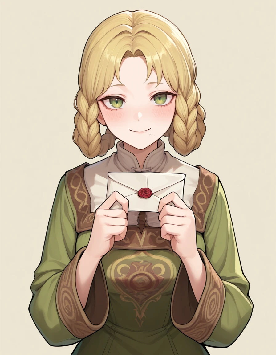 <lora:Rya:1>
ry4, 1girl, mole under mouth, green dress, blonde hair, looking at viewer, green eyes, holding letter  in one hand, braided hair rings, smile, simple background, long sleeves, braid, blush, one hand a side, masterpiece, best quality