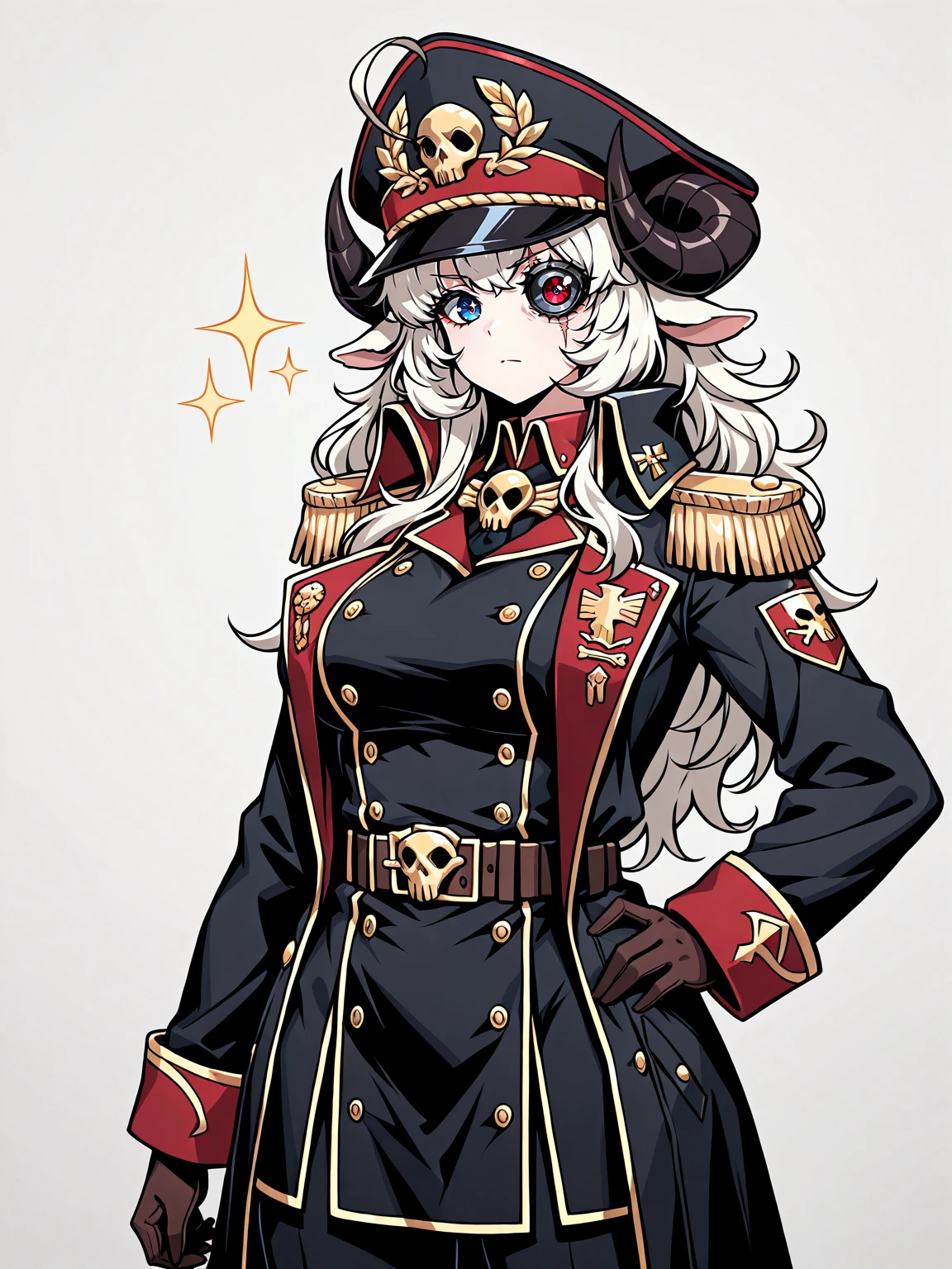 masterpiece, best quality,1girl,solo,sheep girl,ahoge,messy white hair,blue eyes,sheep ears,horns,
edgCommissar, long hair, looking at viewer, blonde hair, simple background, gloves, long sleeves, closed mouth, jacket, cowboy shot, belt, grey background, uniform, coat, black jacket, hand on hip, sparkle, black headwear, scar, epaulettes, black coat ,wearing edgCommissar,artificial eye,skull emblem,millitary uniform,hat
<lora:edgIllustriousXLCommissar:0.8>