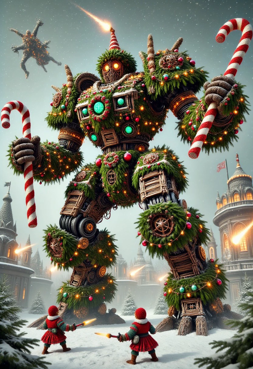 A towering battlemech entirely constructed from Christmas tree branches, pine boughs, ornaments, and garlands, locked in an intense battle against a horde of warring Christmas elves. The mech's limbs and torso are crafted from dense pine needles woven into armored shapes, with garlands wrapping tightly around its arms and legs. Glowing ornaments accent its shoulders and chest, while holiday lights outline its powerful form. The mech wields a massive candy cane weapon, swinging it fiercely to fend off the attacking elves. The background features chaotic scenes of Christmas elves armed with tiny festive weapons, creating a whimsical yet intense holiday battlefield.