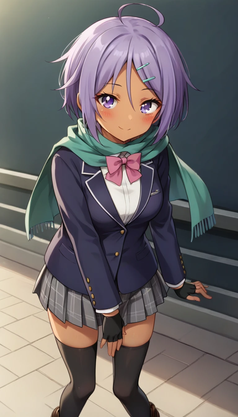 score_9,score_8_up,masterpiece,best quality,correct anatomy,anime_source,1girl,solo,perfect eyes,perfect arms,perfect legs,perfect face,outdoors,upper body,(portrait:1.5),looking at viewer,facing viewer,smile,blush,dark-skinned female,ahoge,short hair,purple hair,hair ornament,hairclip,hair between eyes,parted bangs,purple eyes,green scarf,school uniform,grey jacket,Blazer,pink bowtie,white shirt,collared shirt,long sleeves,fingerless gloves,black gloves,medium breasts,miniskirt,grey skirt,pleated skirt,plaid skirt,thighs,zettai ryouiki,black thighhighs,loafers,brown footwear,<lora:Ren(tsdnod)-Pony:1.4>,