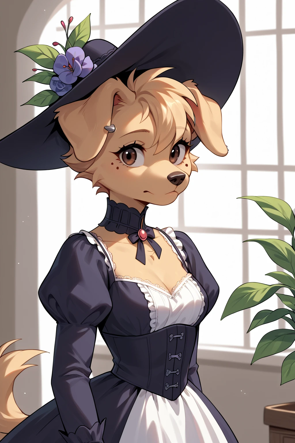 digital_media_(artwork), hi_res, score_9, score_8_up, score_7_up, score_6_up, score_5_up, score_4_up,  <lora:berri-cherry beries:0.8>, CherriBerri,golden retriever,female,anthro,dog girl,canine,cheek tuft,floppy ears,paws,tan body,tan fur,plant on head,black eyes,brown eyes,bangs, Victorian: Corseted gown with lace details and a wide-brimmed hat.