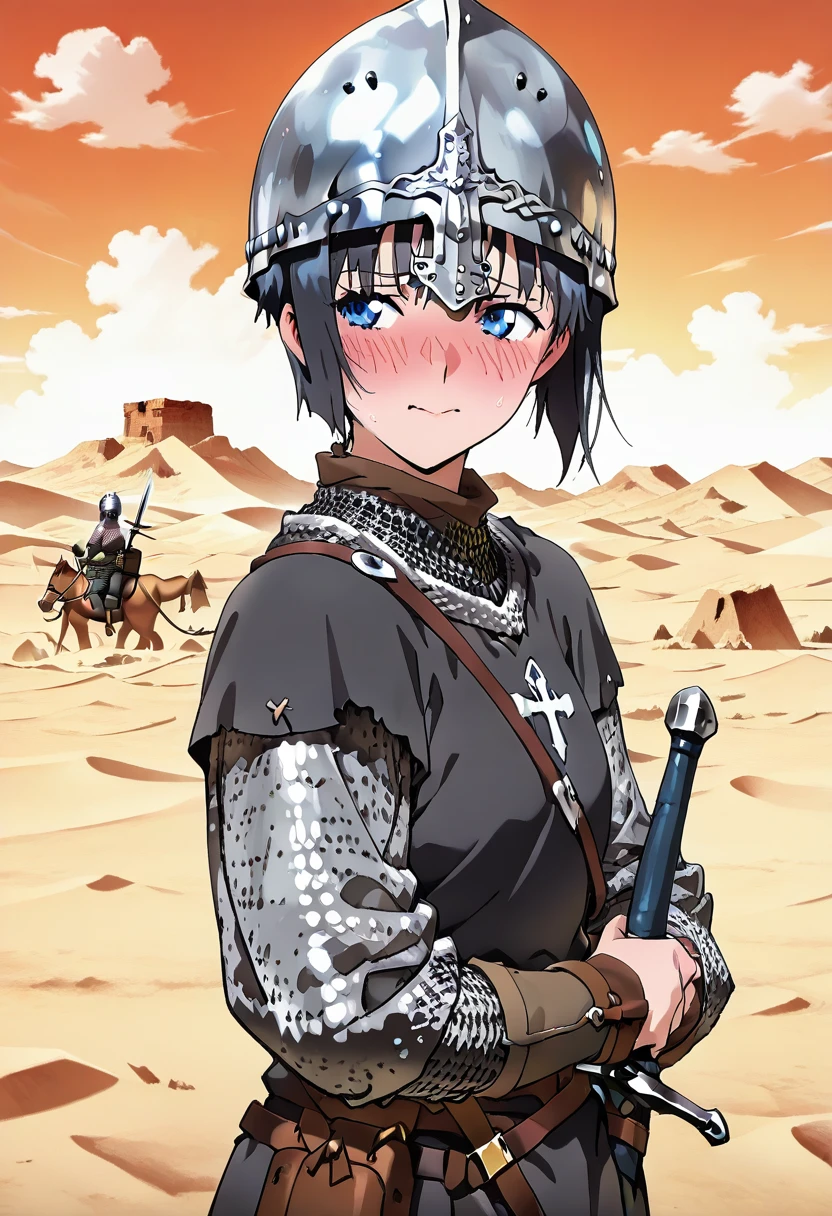 masterpiece, best quality, absurdres, detailed skin, detailed eyes, anime colored, anime screencap,
<lora:SaitoE:1>, SaitoE, black hair, looking at viewer, blush, embarrassed, averting eyes, 
<lora:Norman_helmet-000007:1>, chainmail, sword, sheathed, helmet, Normanhelmet,
desert,