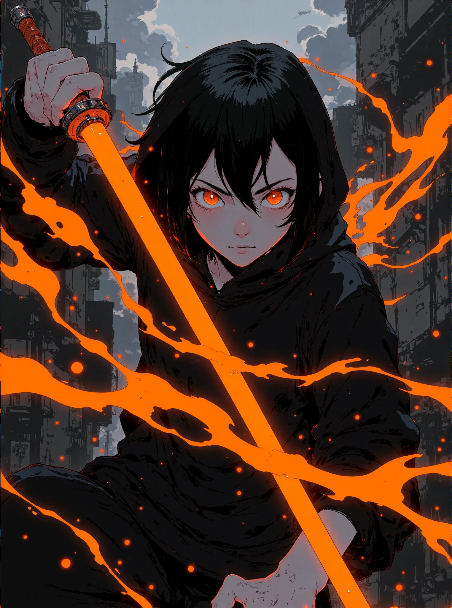 A dynamic and intense anime-style illustration featuring a determined character wielding a glowing orange katana. The character has striking orange eyes that emit a fierce and focused expression, contrasting against their dark hoodie and monochromatic attire. Abstract splashes of orange and white energy swirl around, creating a sense of motion and raw power. The overall composition is dramatic, with sharp, angular lines and bold contrasts between the dark background and the vivid orange and white accents. The style is inspired by high-energy action scenes in manga or anime, with an emphasis on minimalistic colors and a high-impact, modern aesthetic. The atmosphere is dark, electrifying, and filled with a sense of impending action.
 <lora:Let_It_Blaze_in_Crimson:1>